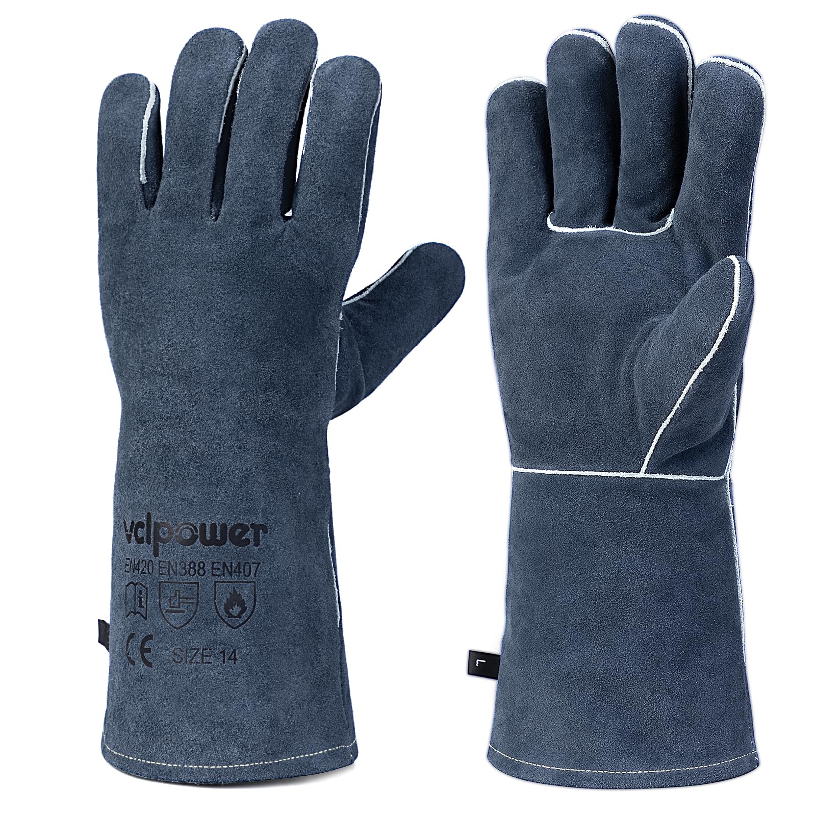 Vclpower 14IN Heat Resistant Leather Welding and Fireplace Gloves
