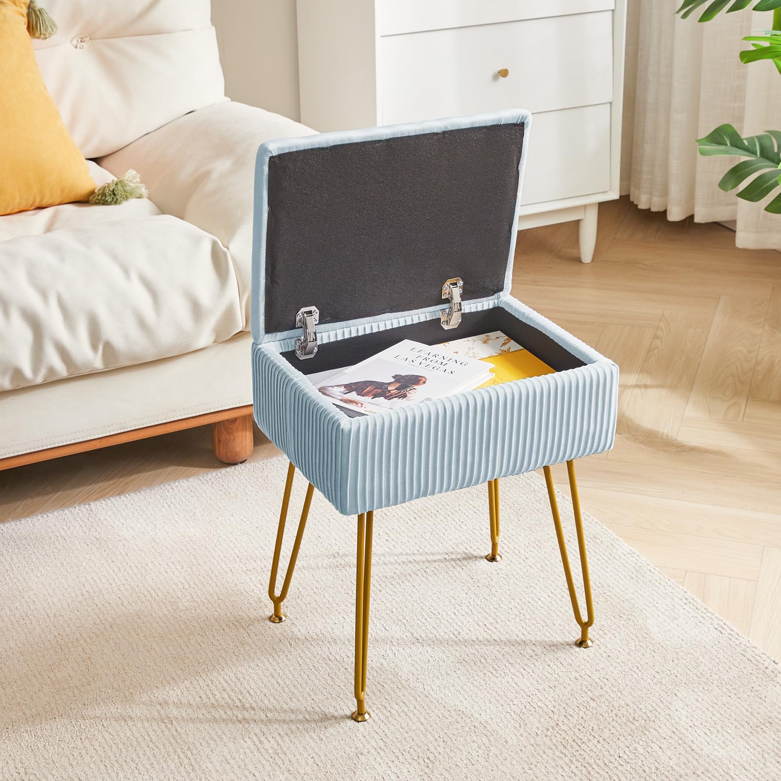 YMYNY Velvet Storage Ottoman | Pink Vanity Stool with Metal Legs