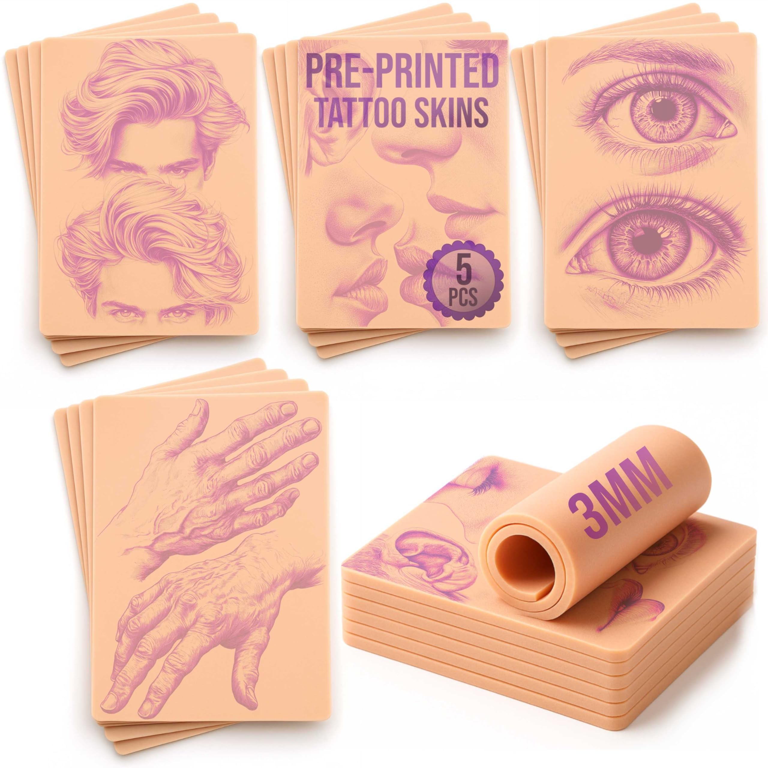 Jolof Store Tattoo Practice Skin Set | 5 Face Designs | 3mm Silicone