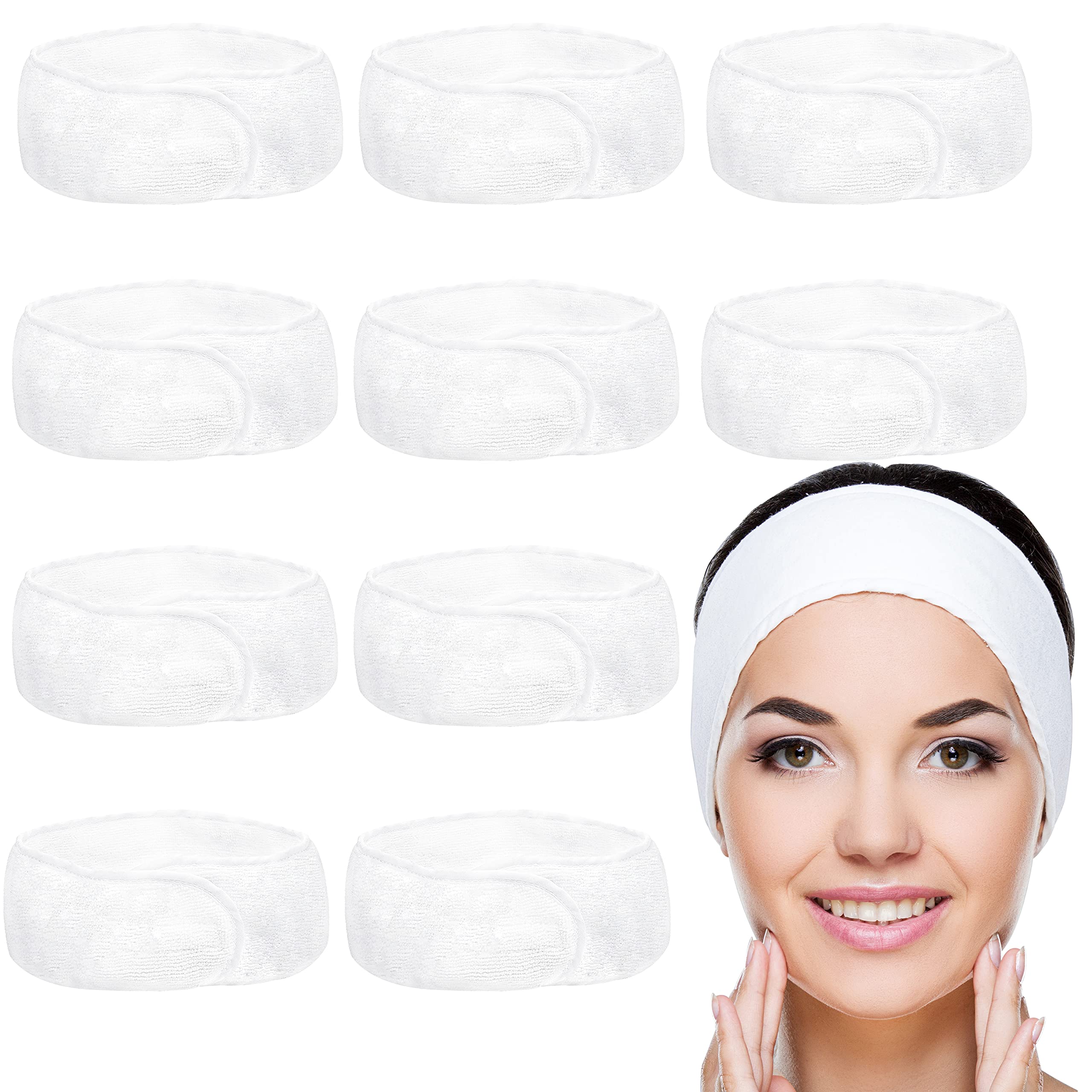 Belle Vous 10 Pack White Spa Facial Headbands | Adjustable Velvet Wrap