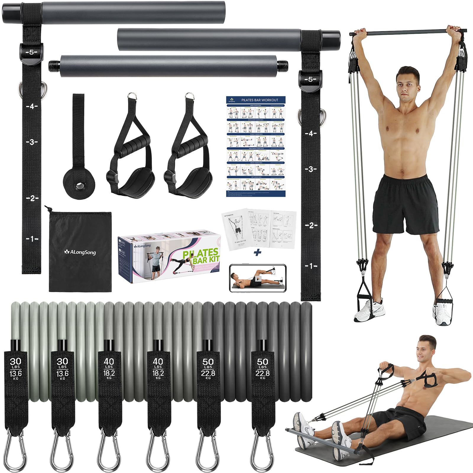 ALongSong Pilates Bar Set | 6 Latex Resistance Bands (120lbs) for Home Gym