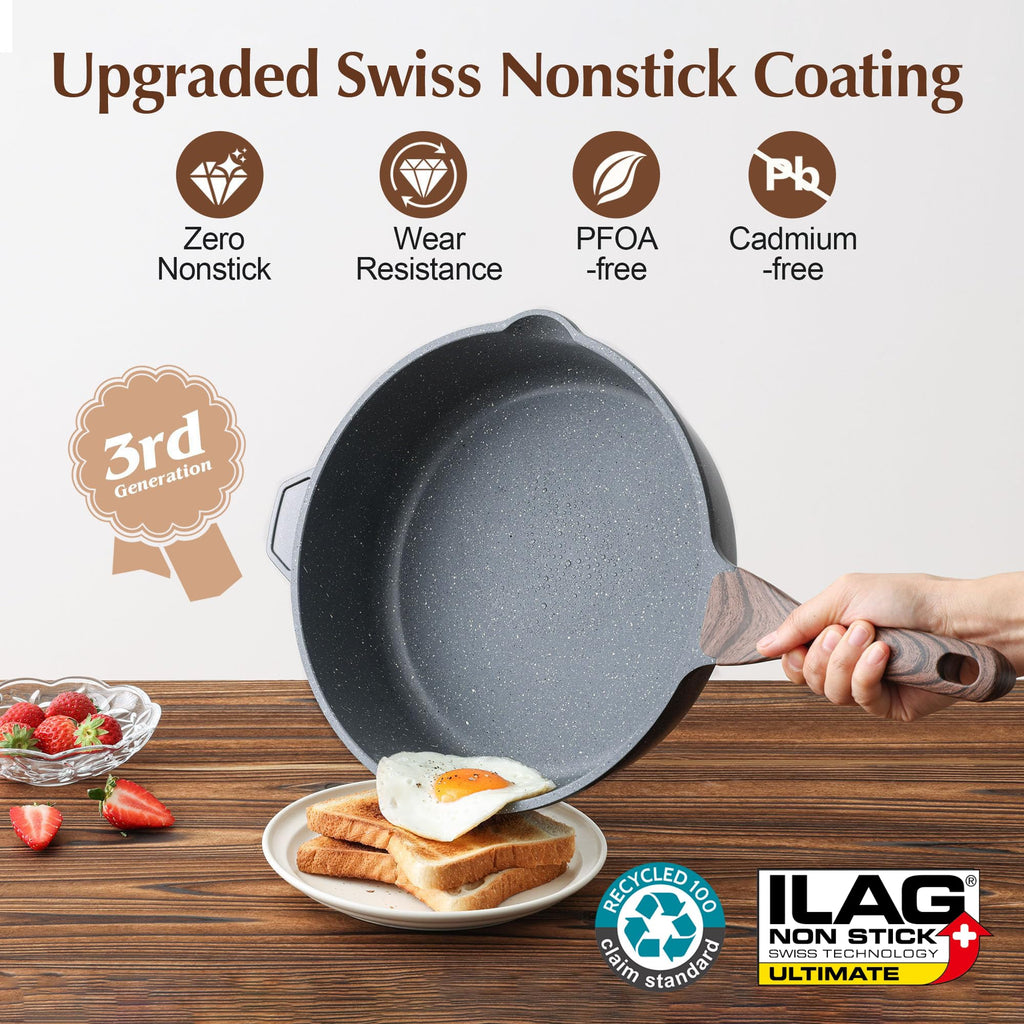 Sensarte Nonstick Deep Frying Pan | 28cm Granite Saute Pan with Glass Lid