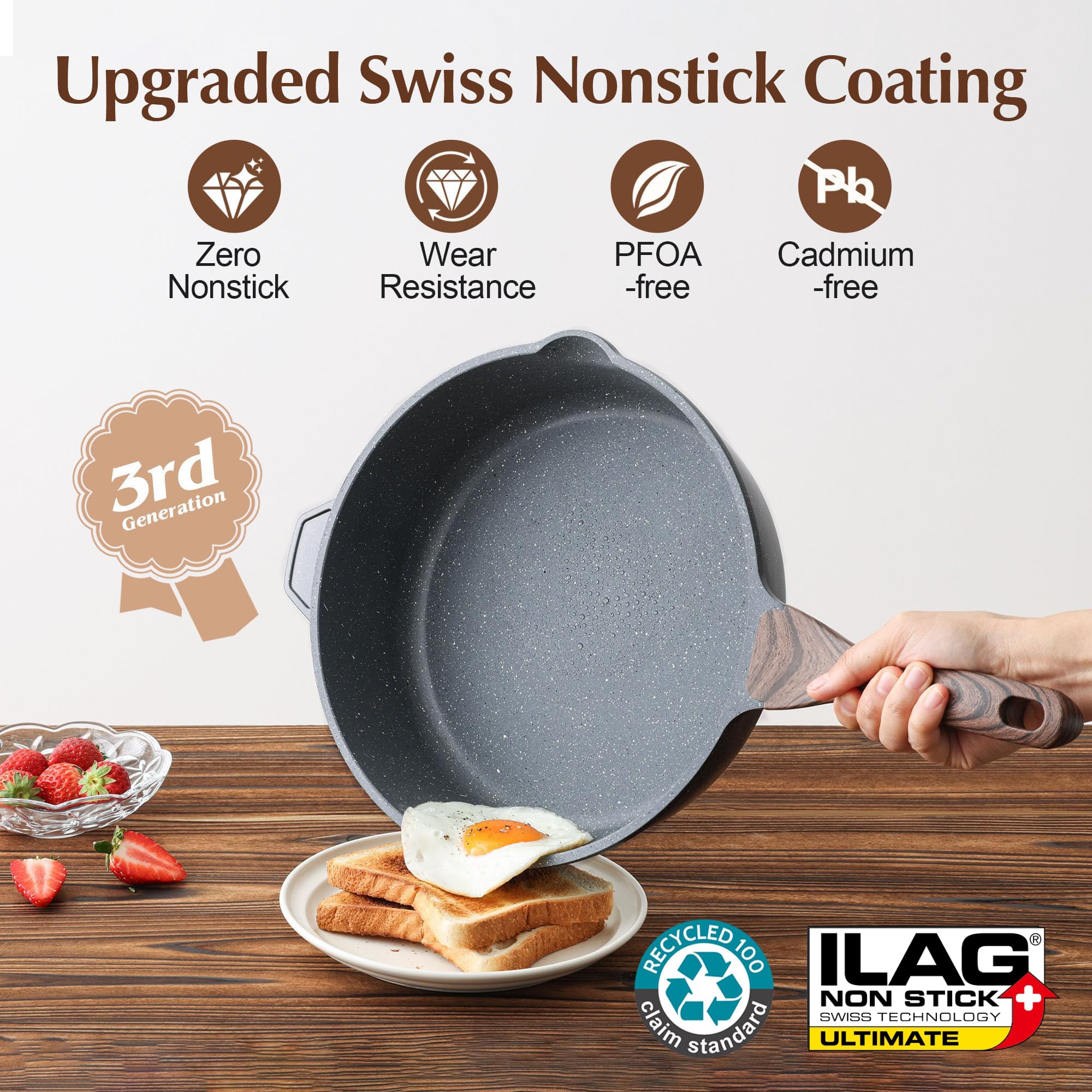 Sensarte Nonstick Deep Frying Pan | 28cm Granite Saute Pan with Glass Lid