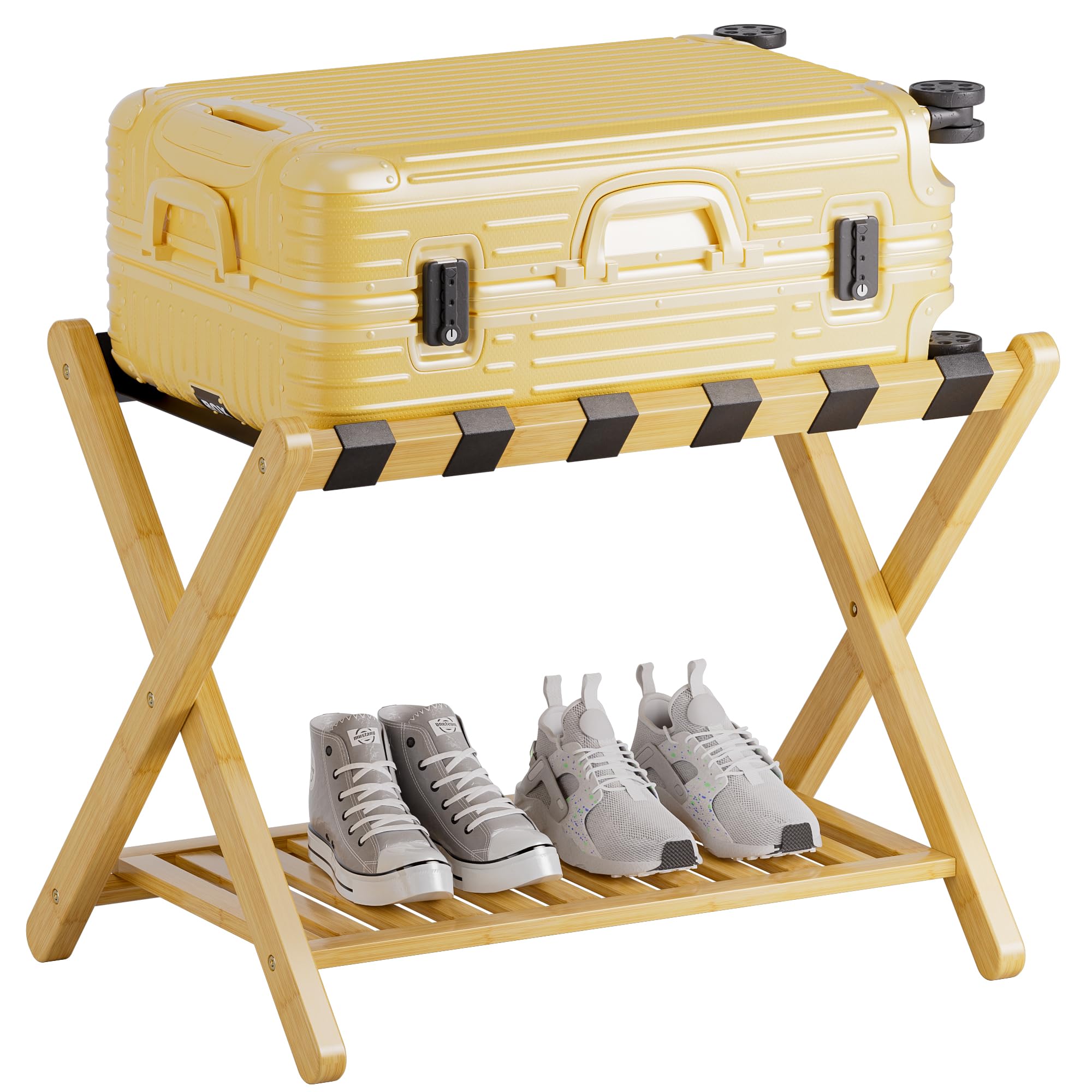 SMIBUY Foldable Bamboo Luggage Rack with Storage Shelf - Heavy-Duty Stand