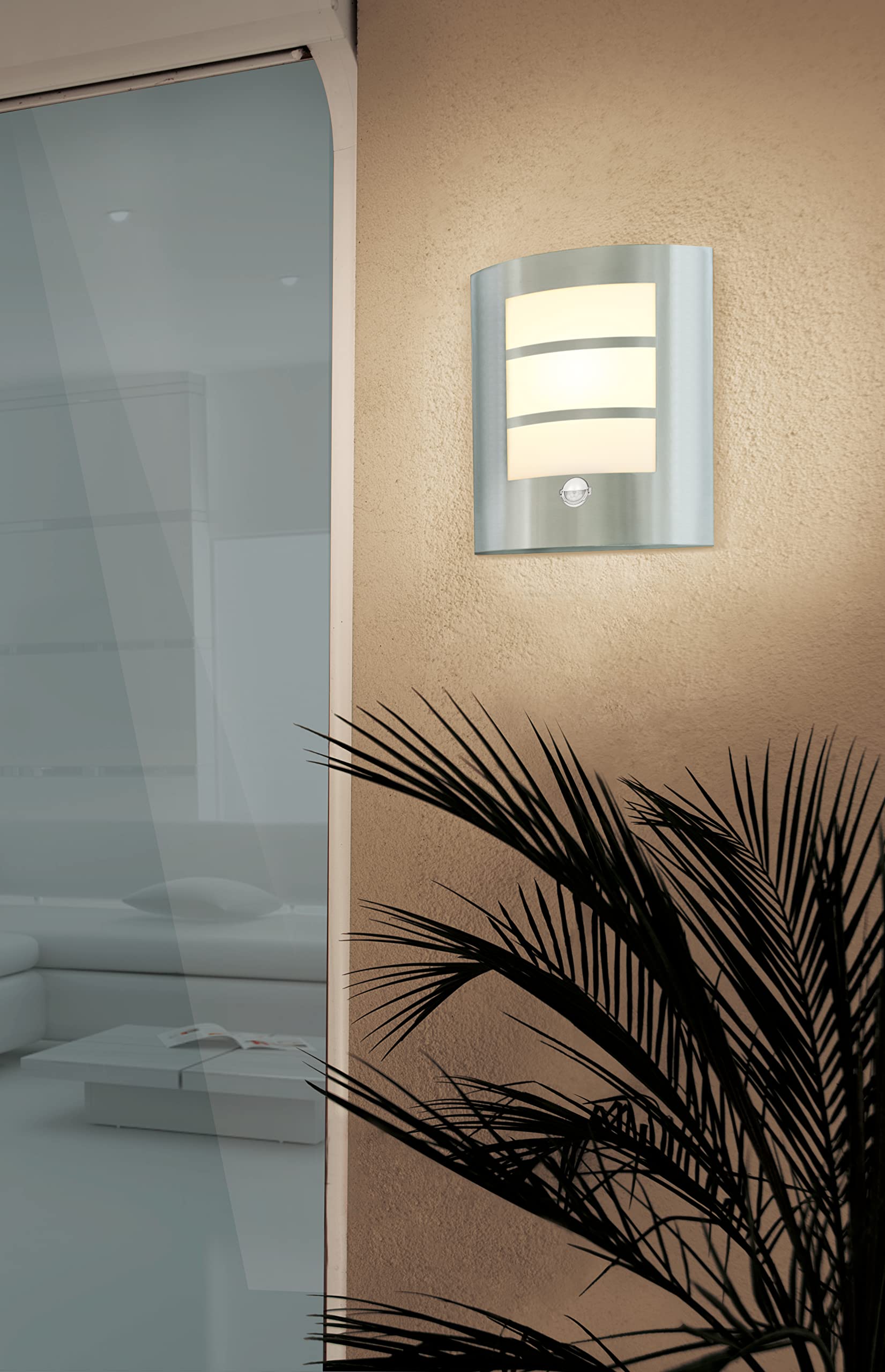 Eglo City Outdoor Motion Sensor Wall Light | Silver Stainless Steel IP44