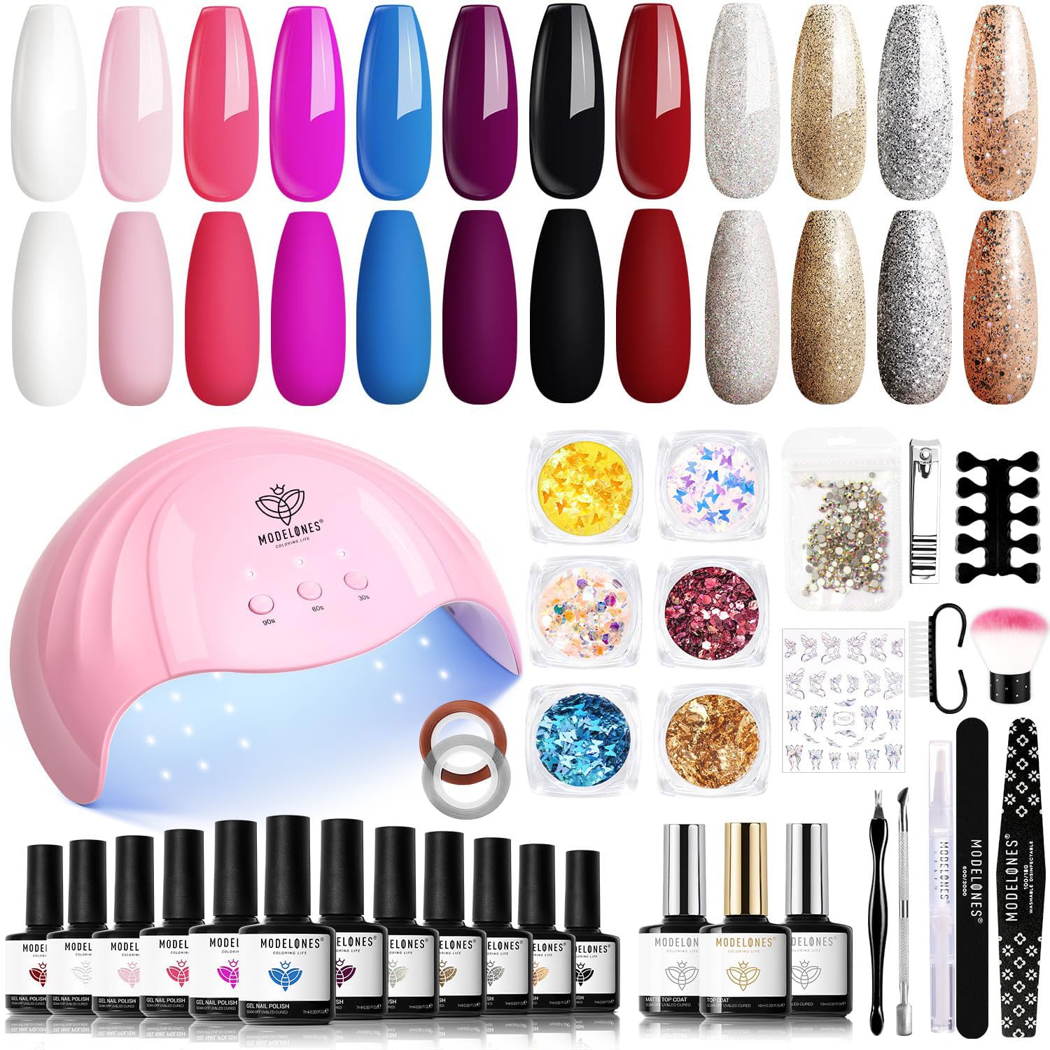 Modelones Gel Nail Kit with 48W UV LED Lamp - 12 Colors Starter Set