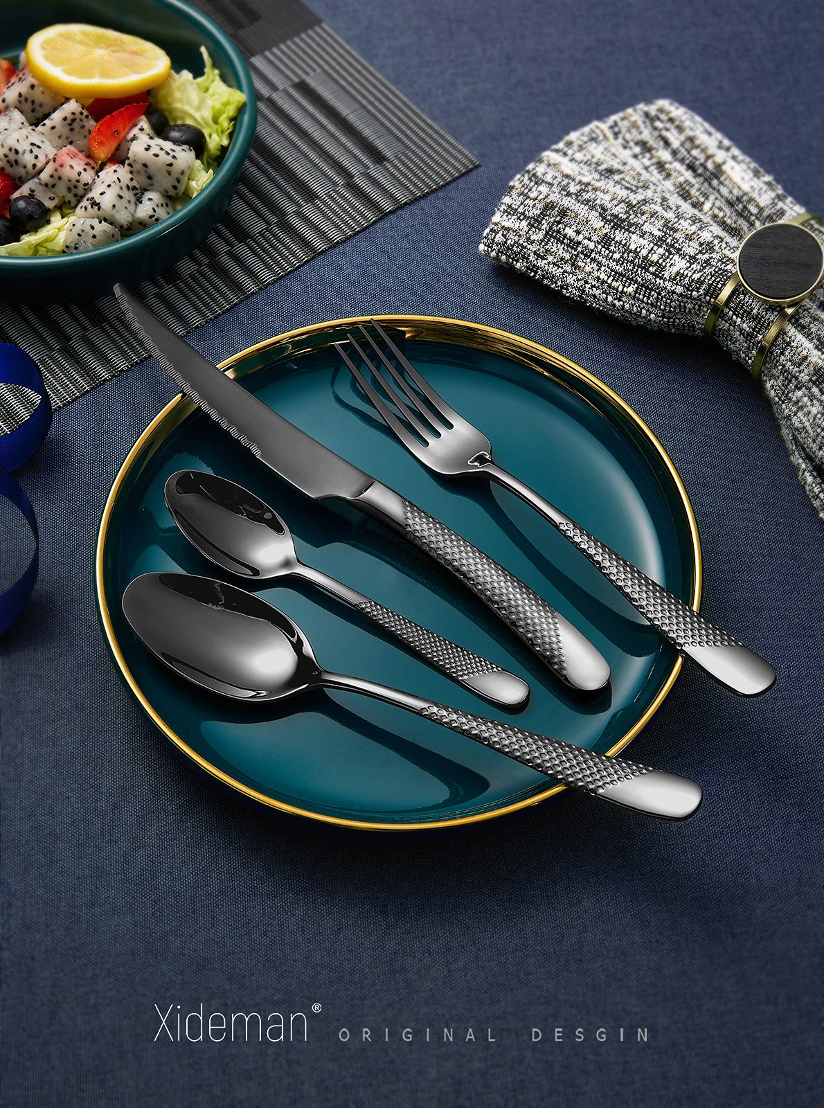 Xideman 24-Piece Black Hammered Cutlery Set | 18/10 Stainless Steel