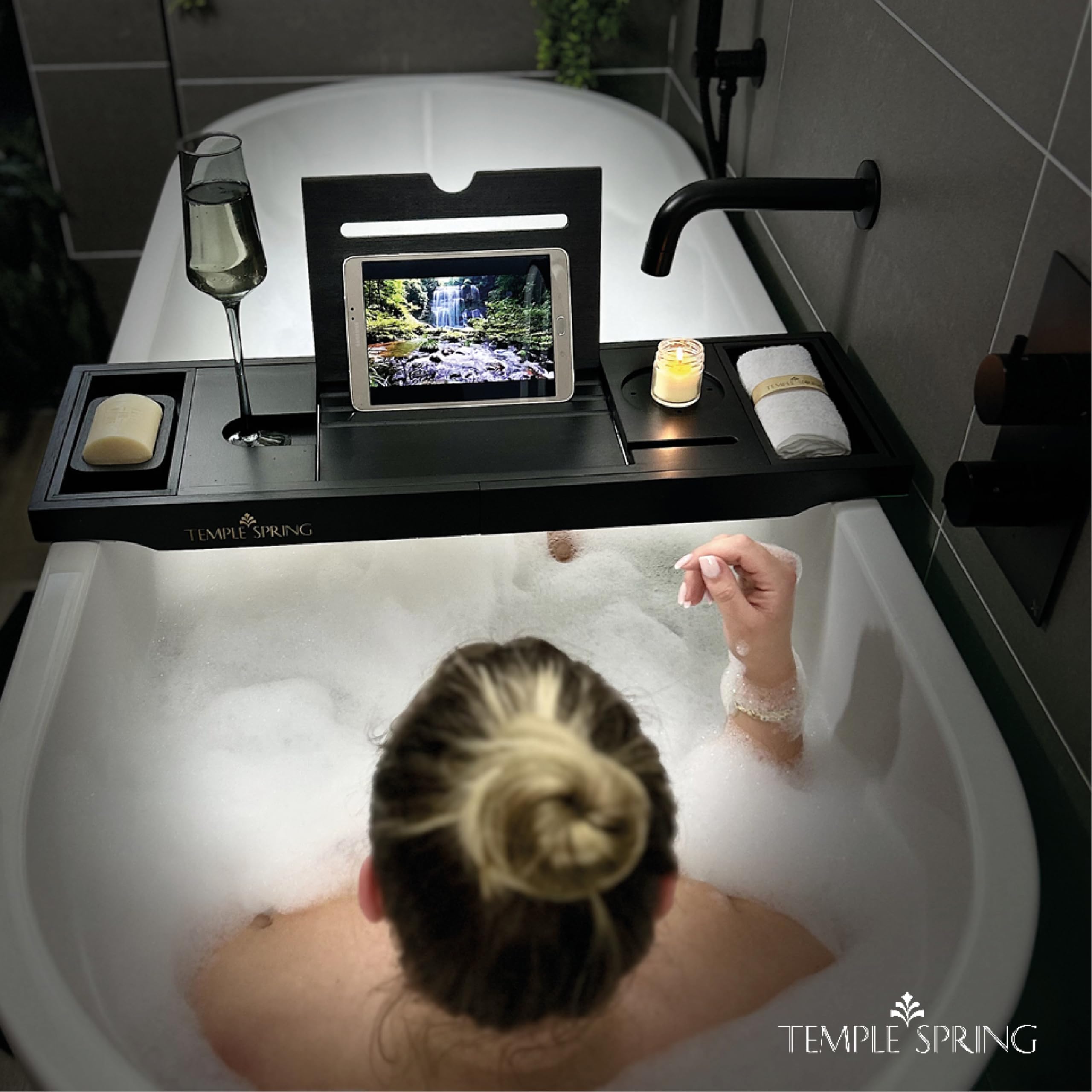 Temple Spring Bamboo Bathtub Caddy – Extendable Wooden Bath Tray Shelf