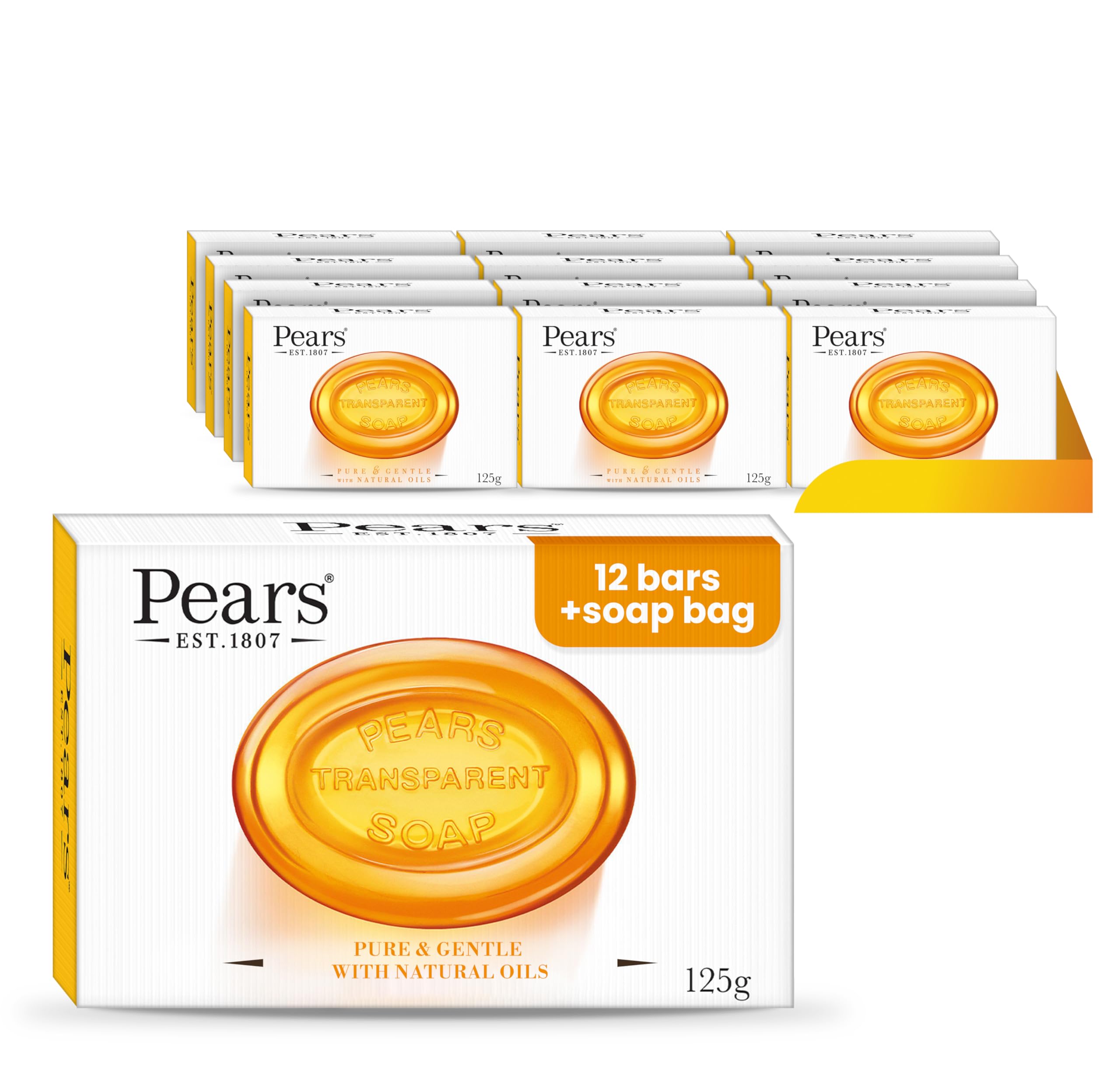 Pears Transparent Amber Soap Bars 125g - 12 Pack with Cotton Soap Bag
