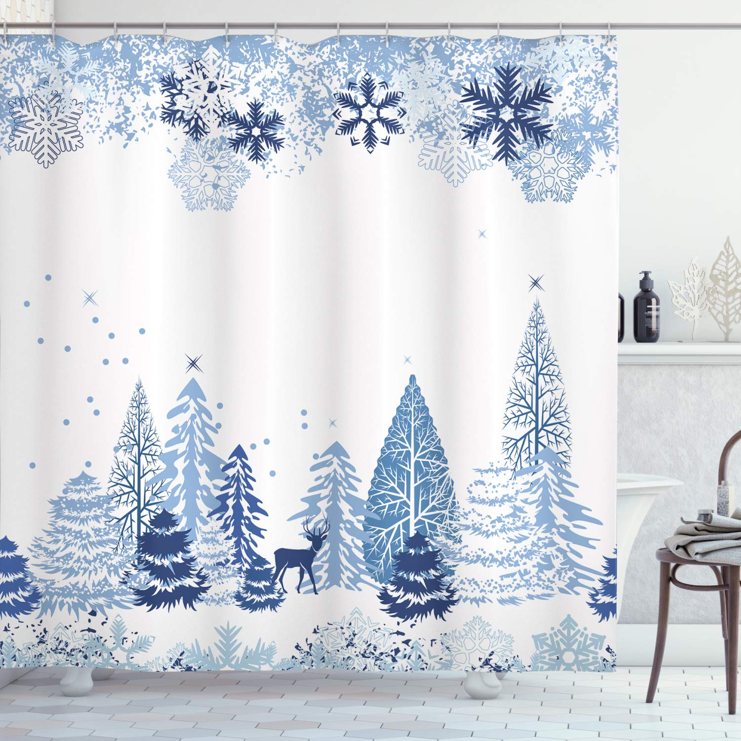 ABAKUHAUS Christmas Shower Curtain – Winter Forest Fabric Decor with Hooks