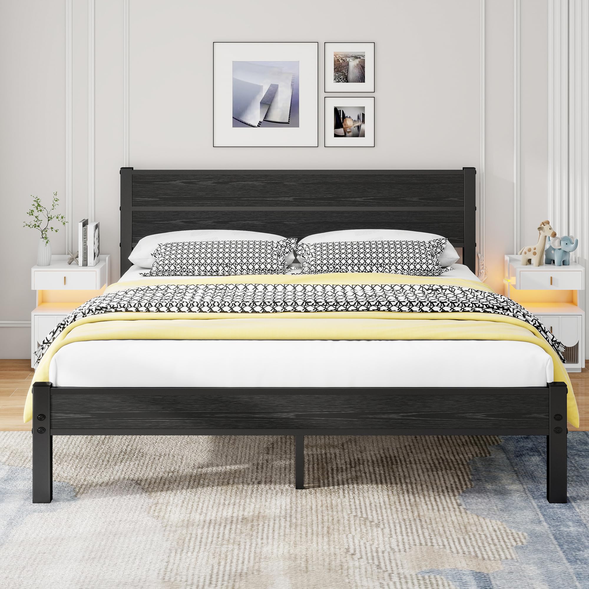 DUMEE King Size Bed Frame with Wooden Headboard and Under Bed Storage