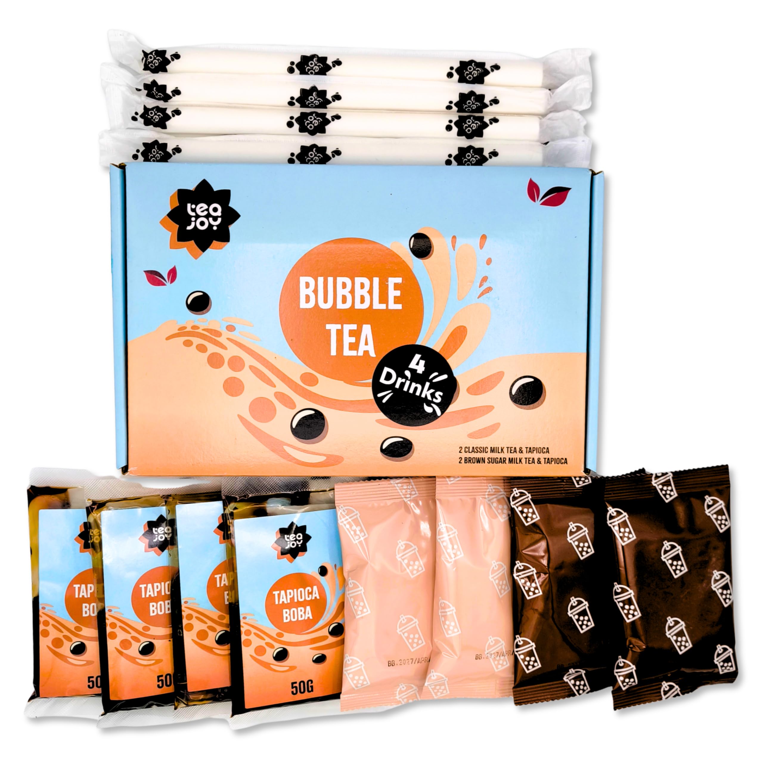 TeaJoy Bubble Tea Kit - Milk Tea & Brown Sugar DIY Set with Instant Boba