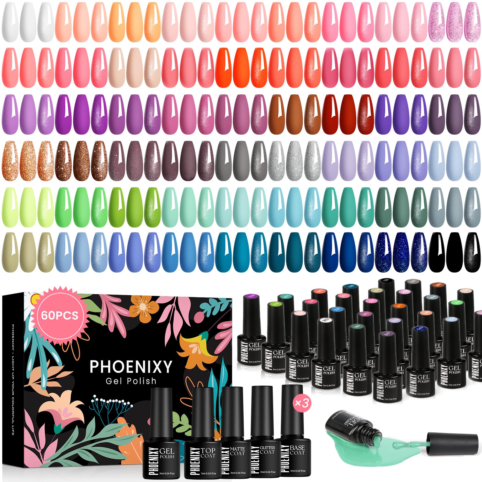 Phoenixy 60 Pcs Gel Nail Polish Set - 54 Colors with Matte & Glossy Top Coat