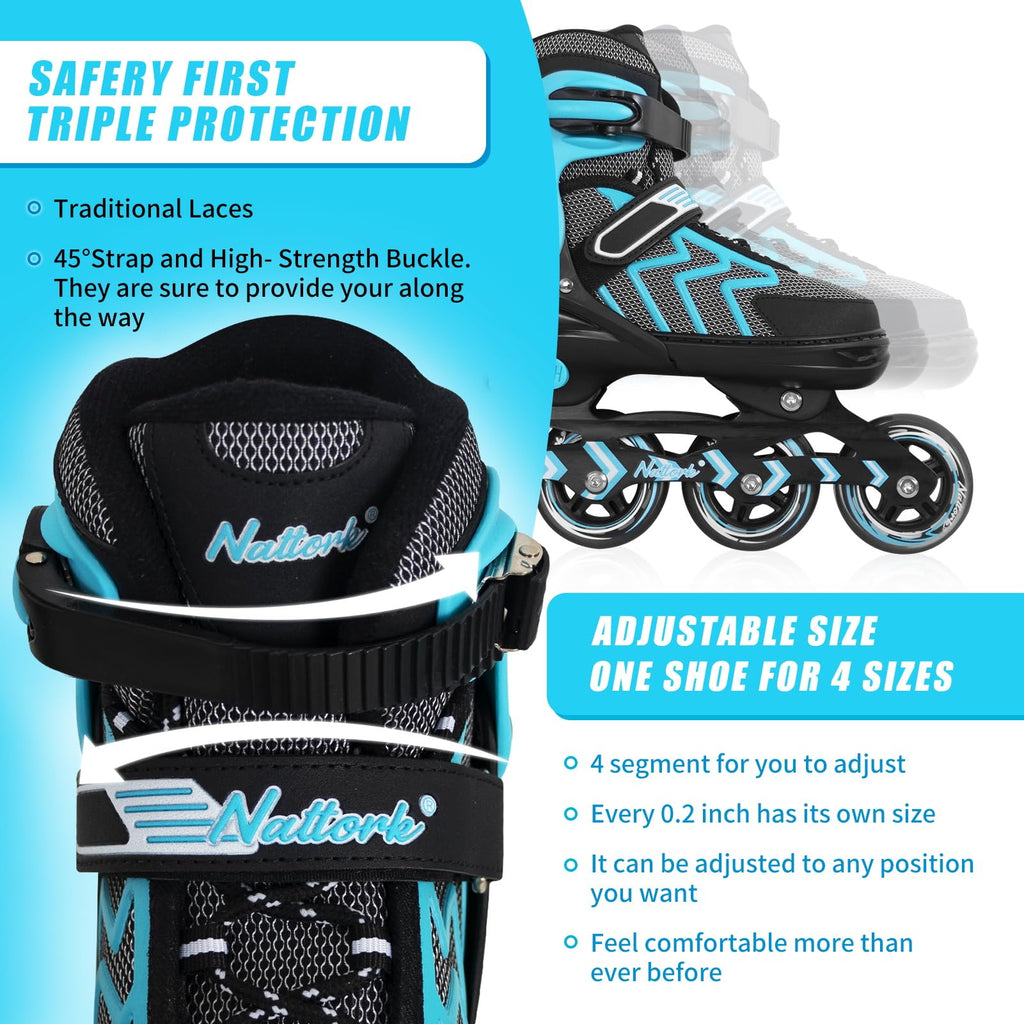 Nattork Adjustable Inline Skates - Teal Beginner Roller Blades