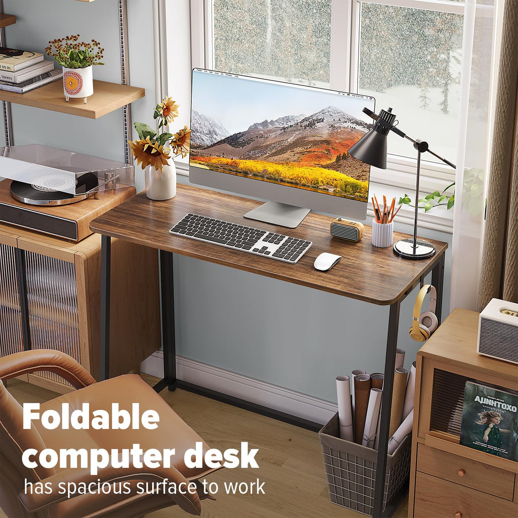WOHOMO Folding Desk, 100cm Computer Table for Home Office, Rustic Walnut - image 3