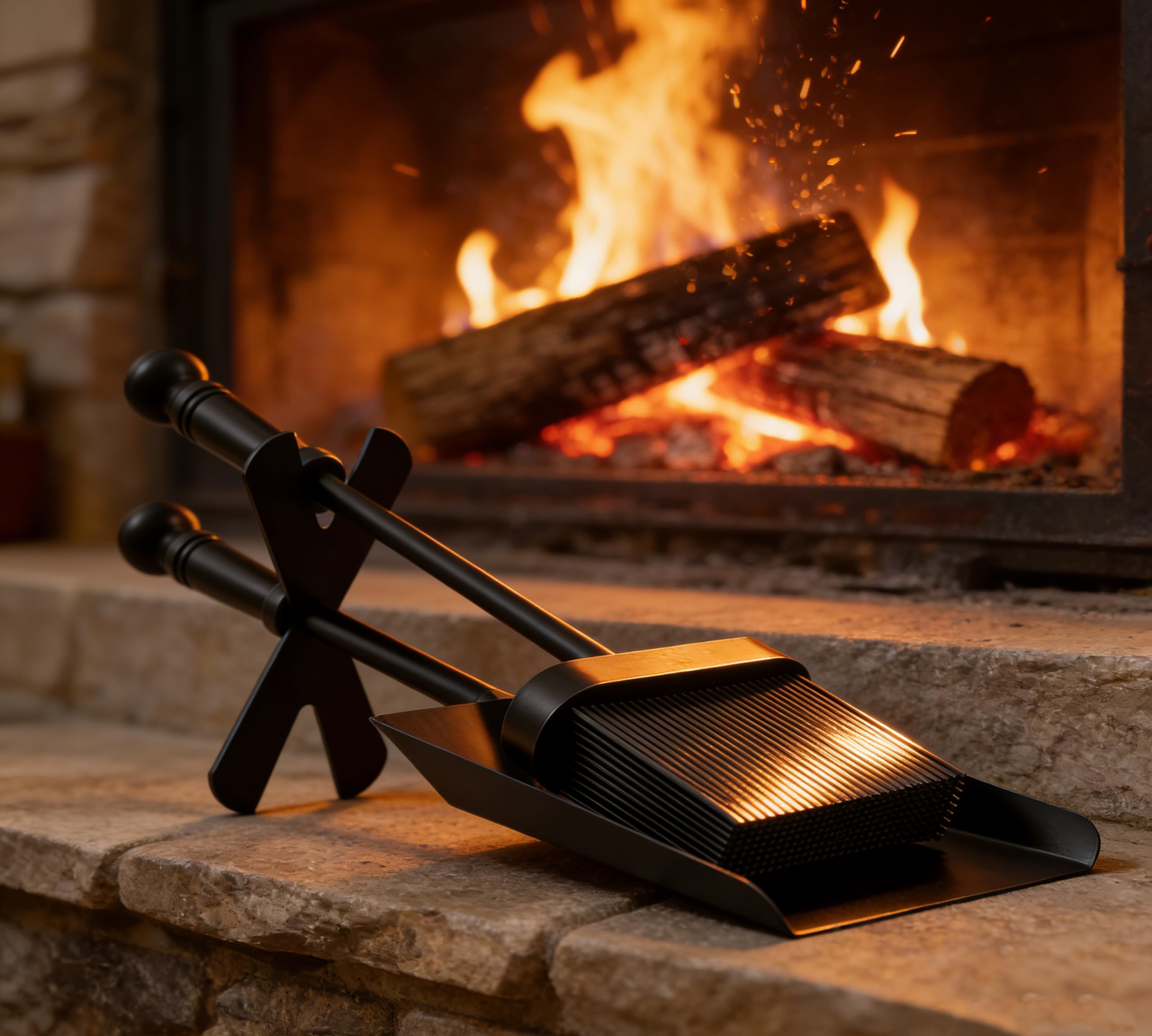 Kingson Black Steel Fireplace Shovel and Brush Set with Stand - 38cm