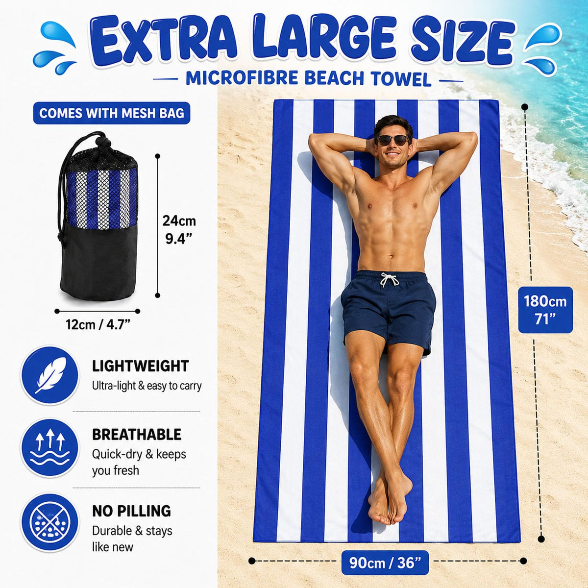 Admygo Microfibre Beach Towels for Adults - 2 Pack 180 x 90 cm Extra Large Beach Towels with Drawstring Bags - image 2