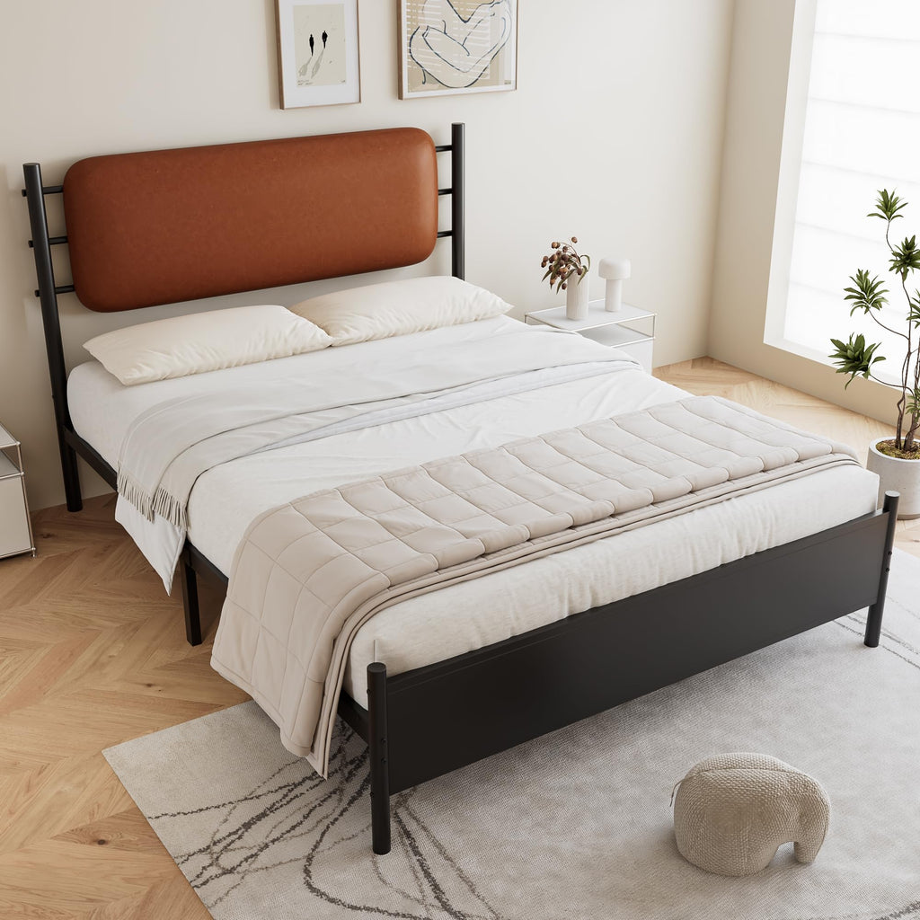 Merax 4ft6 Double Metal Bed with PU Upholstered Headboard – Wrought Iron Frame, 135x190cm, Durable & Sturdy, Comfortable Youth Bed for Teens & Adults - image 1