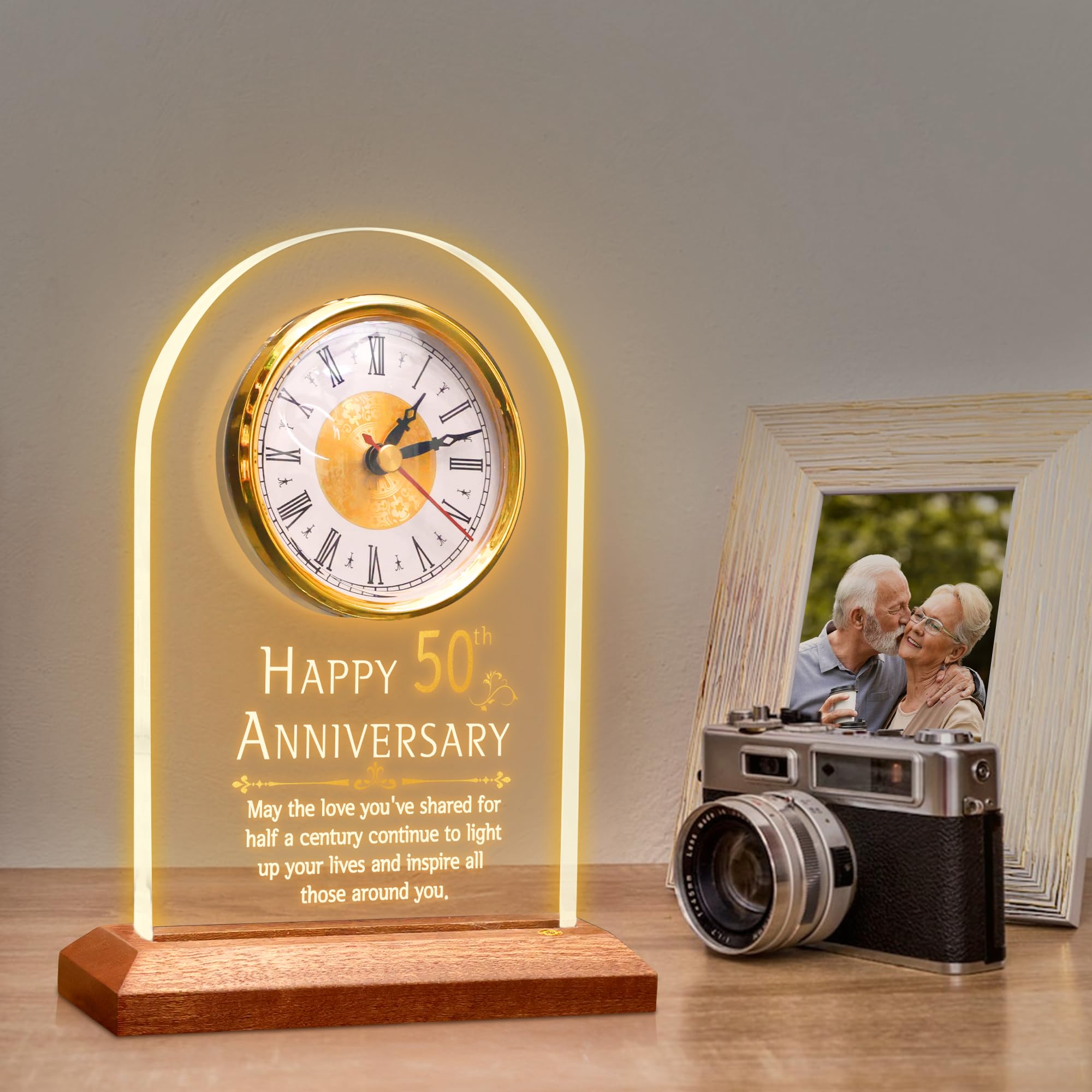 OkiyiD 50th Anniversary Quartz Clock | Golden Acrylic Desk Table Gift