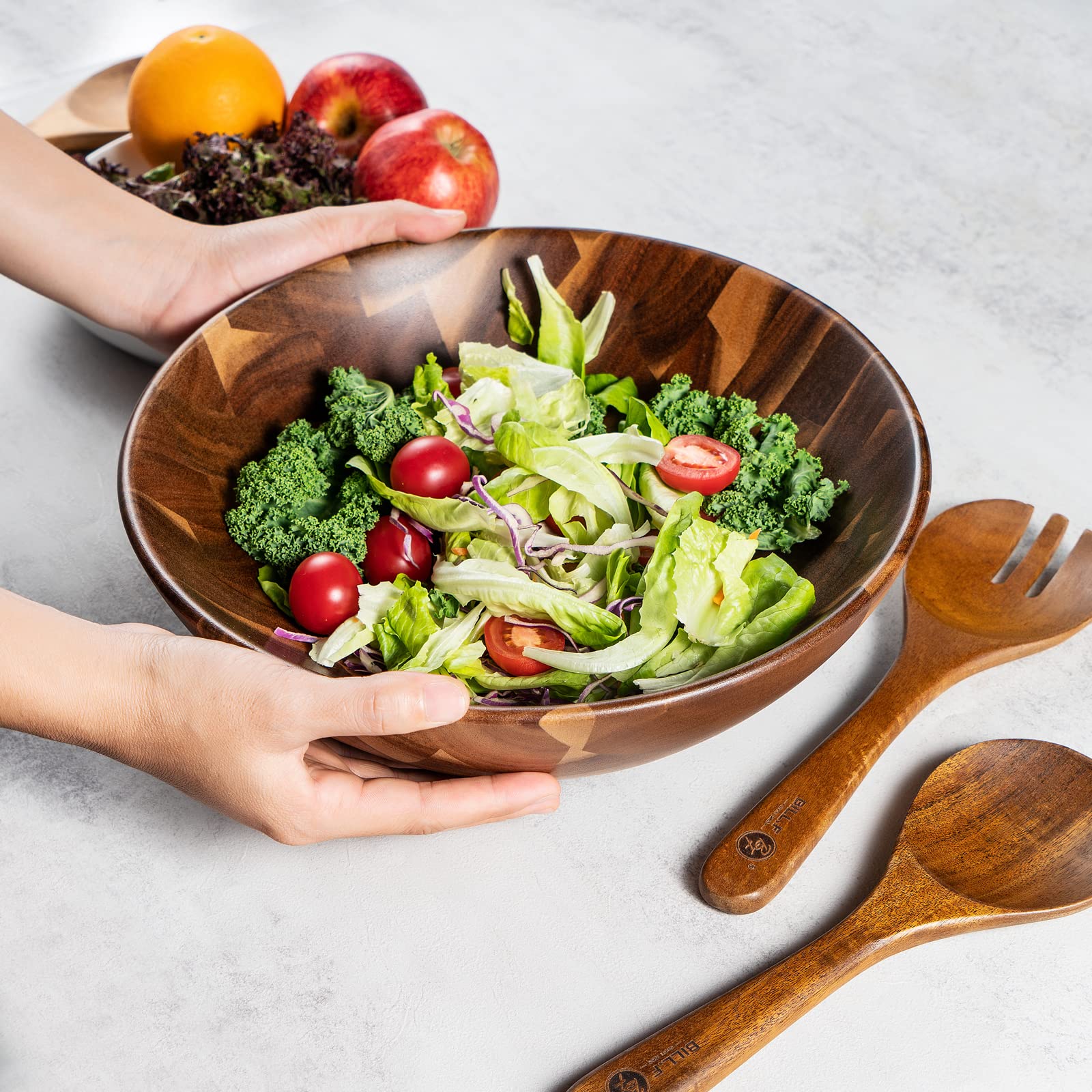 BF BILL.F Large Acacia Wood Salad Bowl Set - 30cm Serving Bowl with Servers