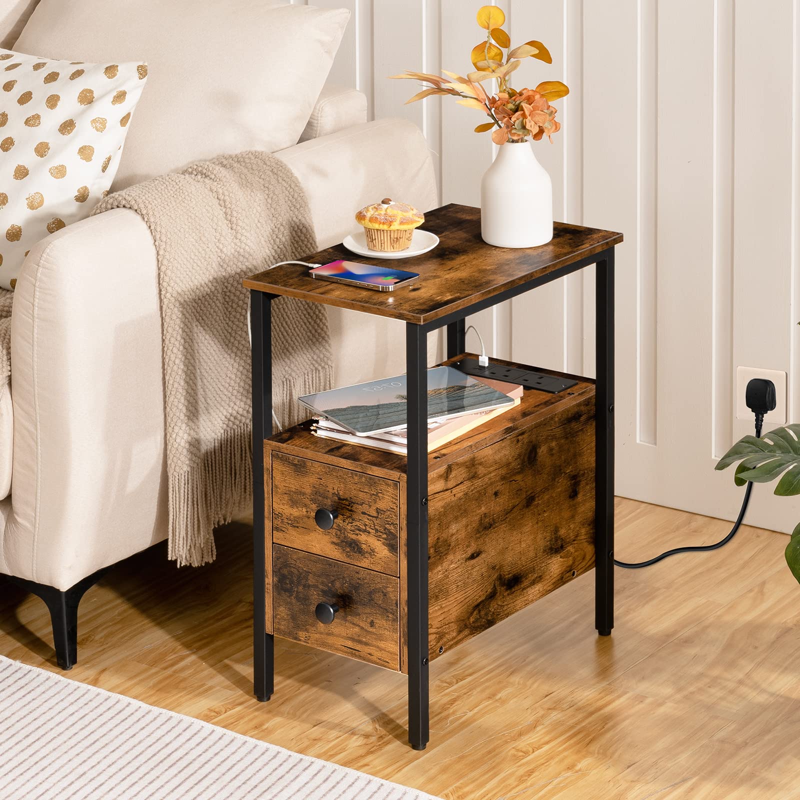 HOOBRO Narrow Side Table with Charging Station, 2 Drawers, Industrial