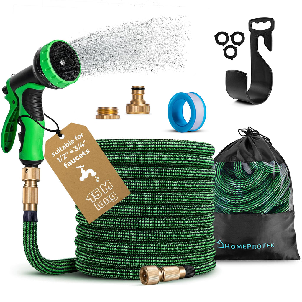 HomeProtek 50ft Expandable Garden Hose – 9-Mode Spray Gun & Brass Fittings