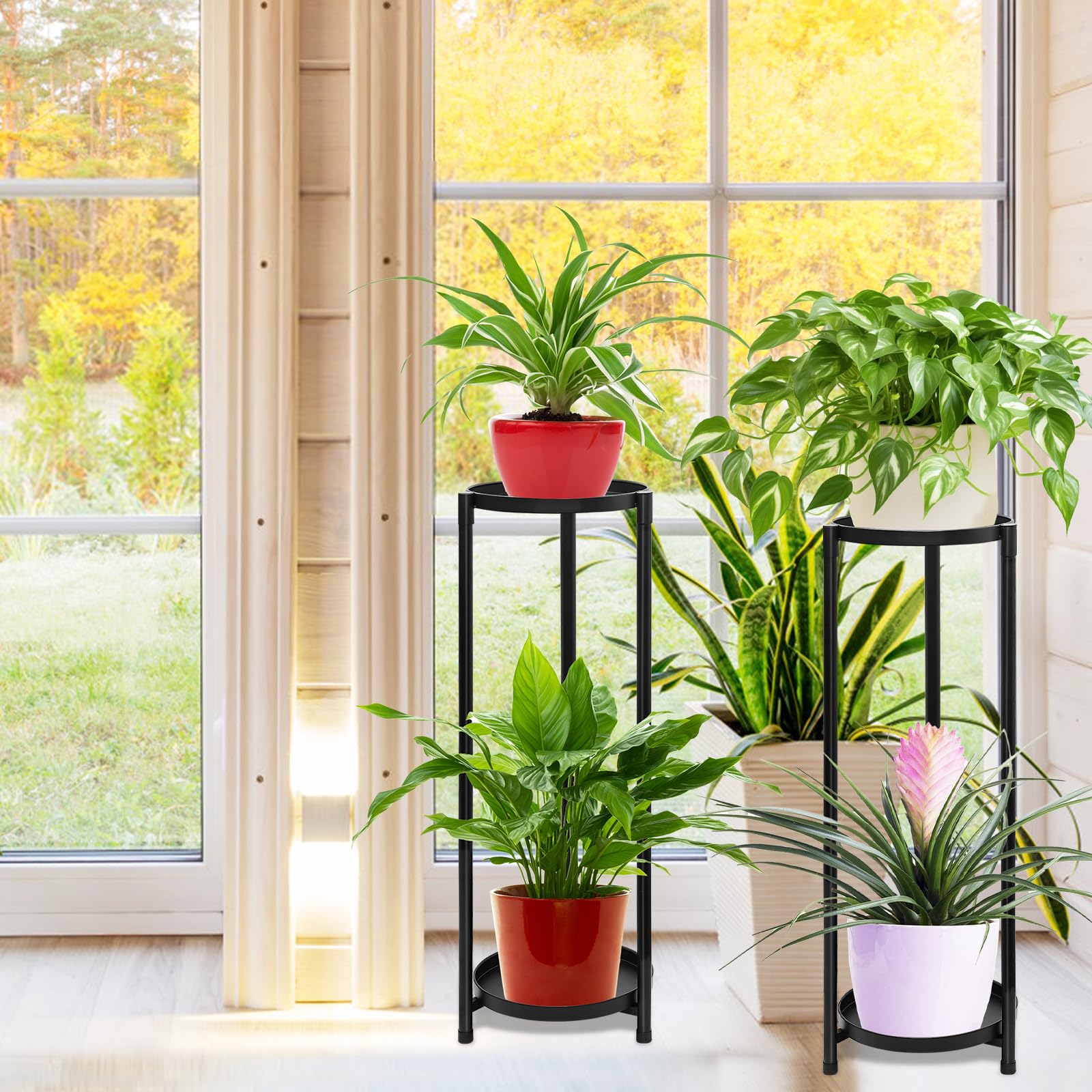 KHayRovies 2-Tier Tall Metal Plant Stand | 2-Pack Black Corner Flower Rack