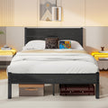 DUMEE Double Metal Bed Frame with Wooden Headboard | Black Oak