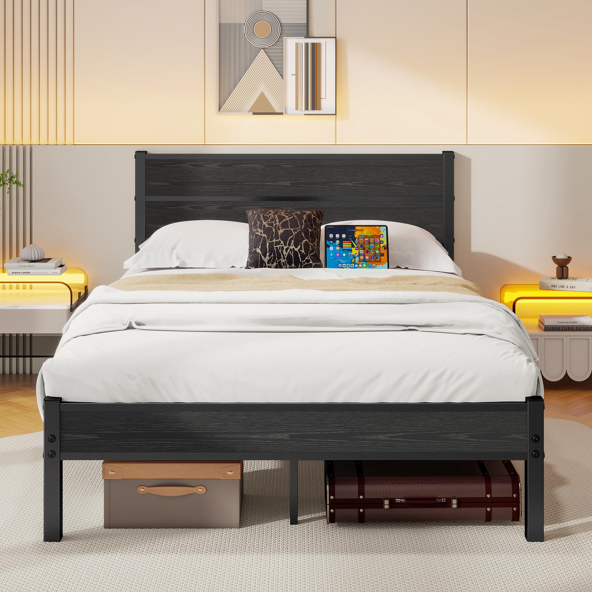 DUMEE Double Metal Bed Frame with Wooden Headboard | Black Oak