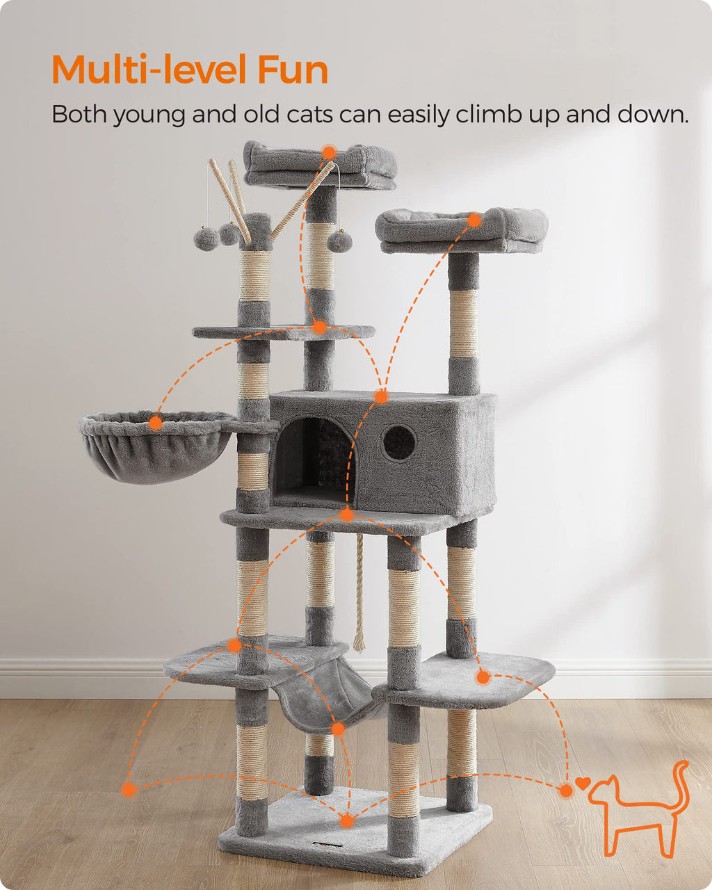 FEANDREA XXL Cat Tree Condo | 164 cm Multi-Level Tower - Light Grey