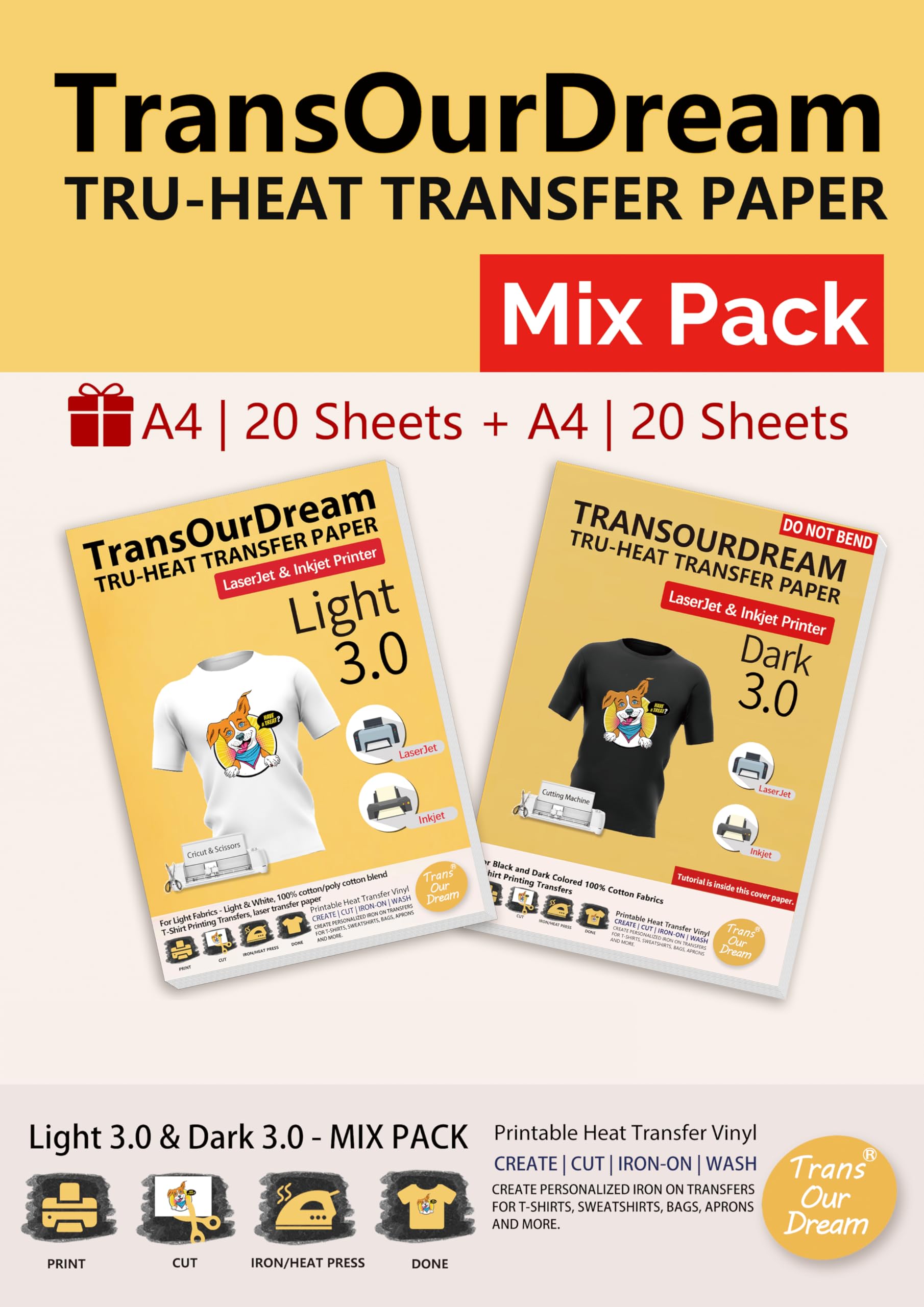 TransOurDream 3.0 Heat Transfer Paper for Dark & Light Fabrics – 40 Sheets