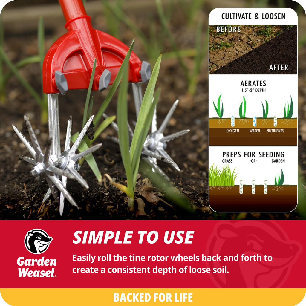 Garden Weasel Rotary Cultivator & Hand Tiller – 2-in-1 Soil Aerator