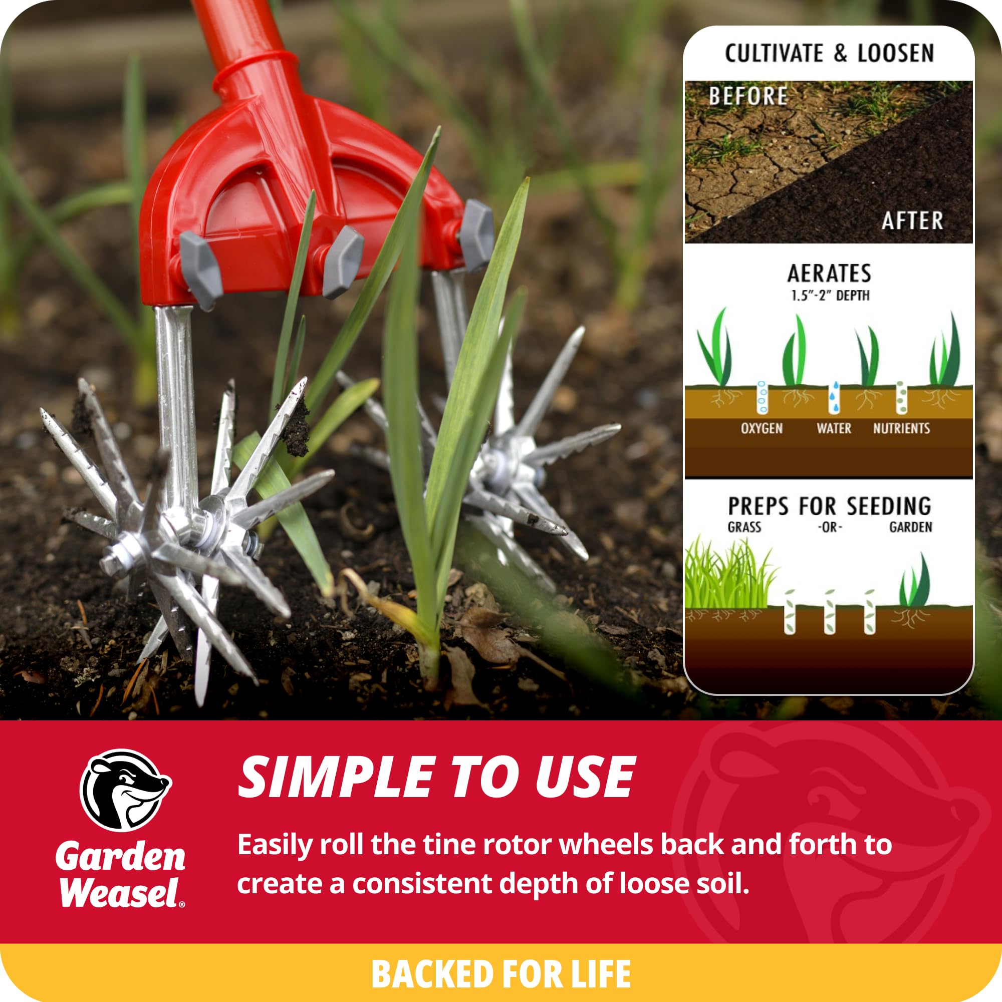 Garden Weasel Rotary Cultivator & Hand Tiller – 2-in-1 Soil Aerator