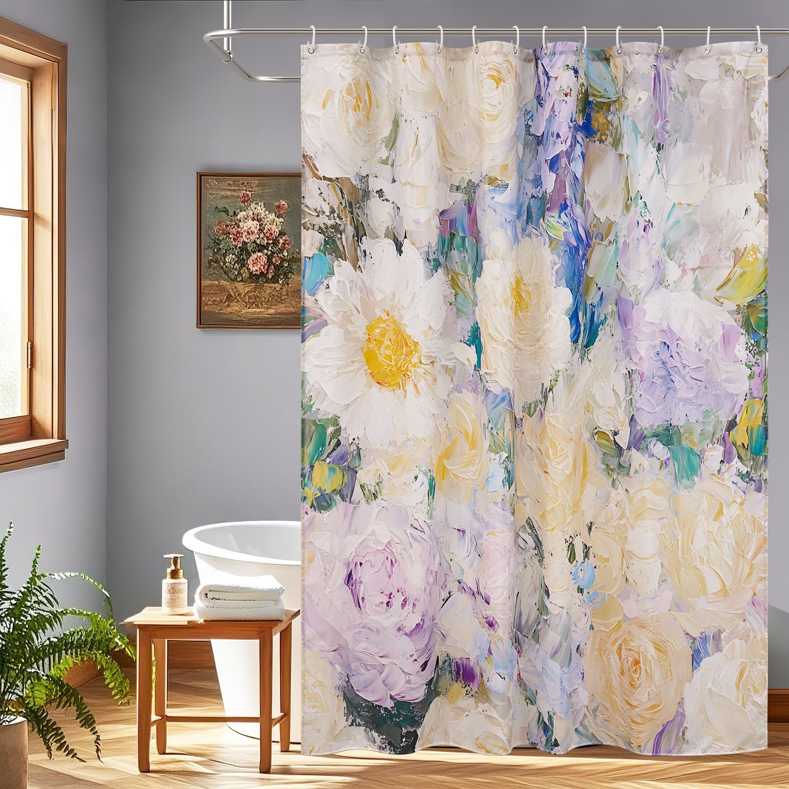 EurCross Floral Oil Painting Shower Curtain | Weighted Water-Repellent
