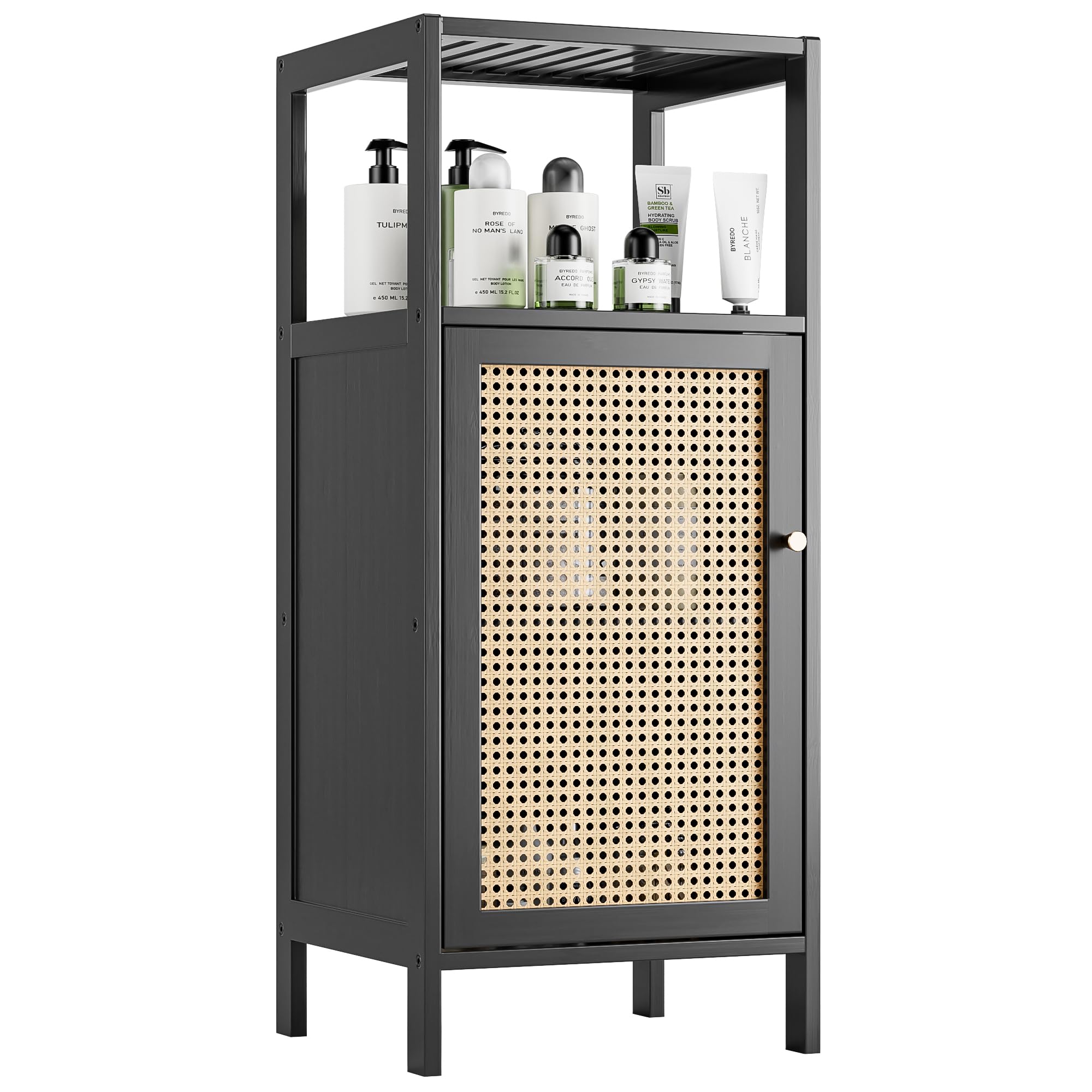 vovala Bamboo Rattan Cabinet – Small Bathroom Storage Organizer Rack, Black