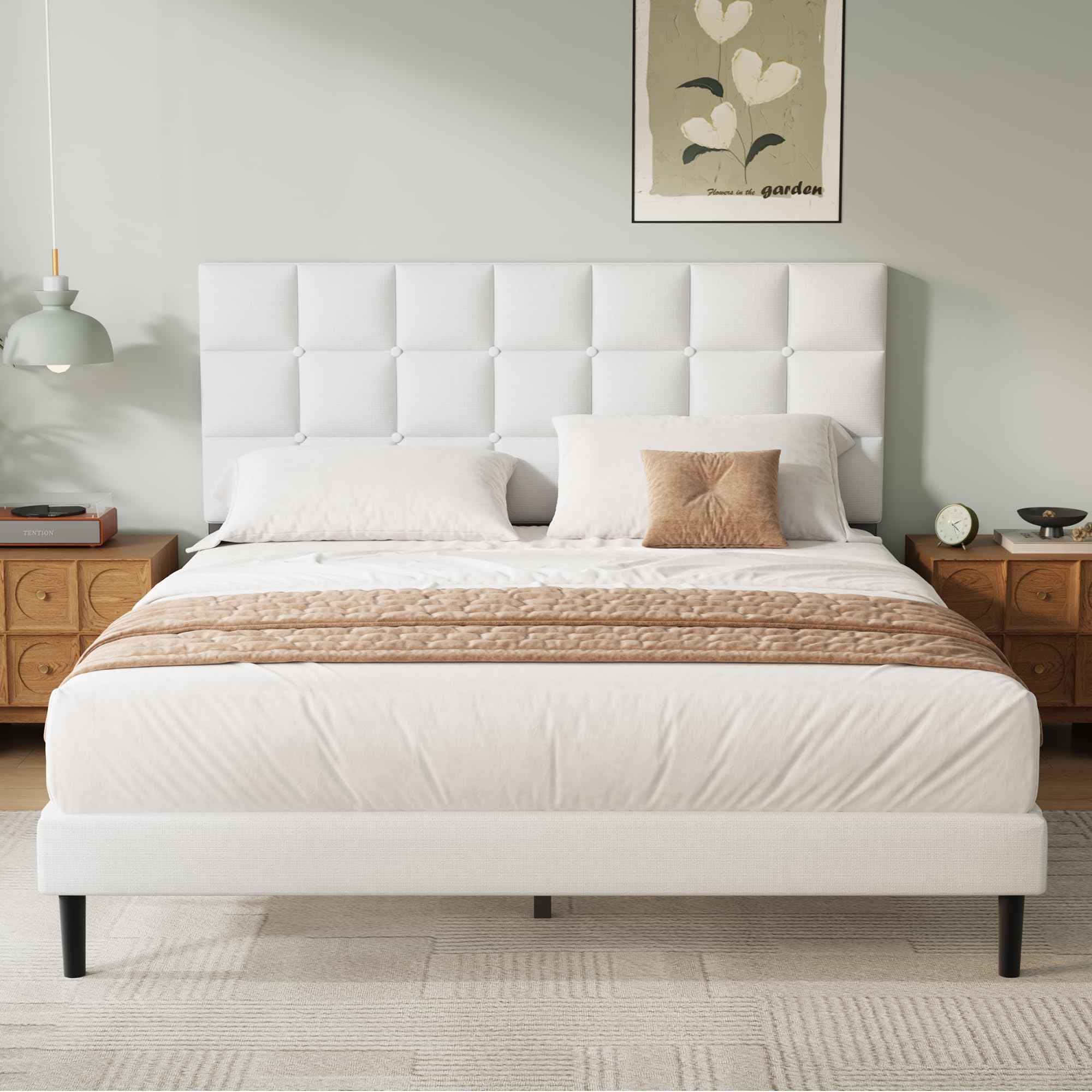 White Single Bed Frame - Upholstered Platform with Headboard