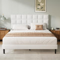 Yocreat White Double Bed Frame | Upholstered Linen Platform with Headboard