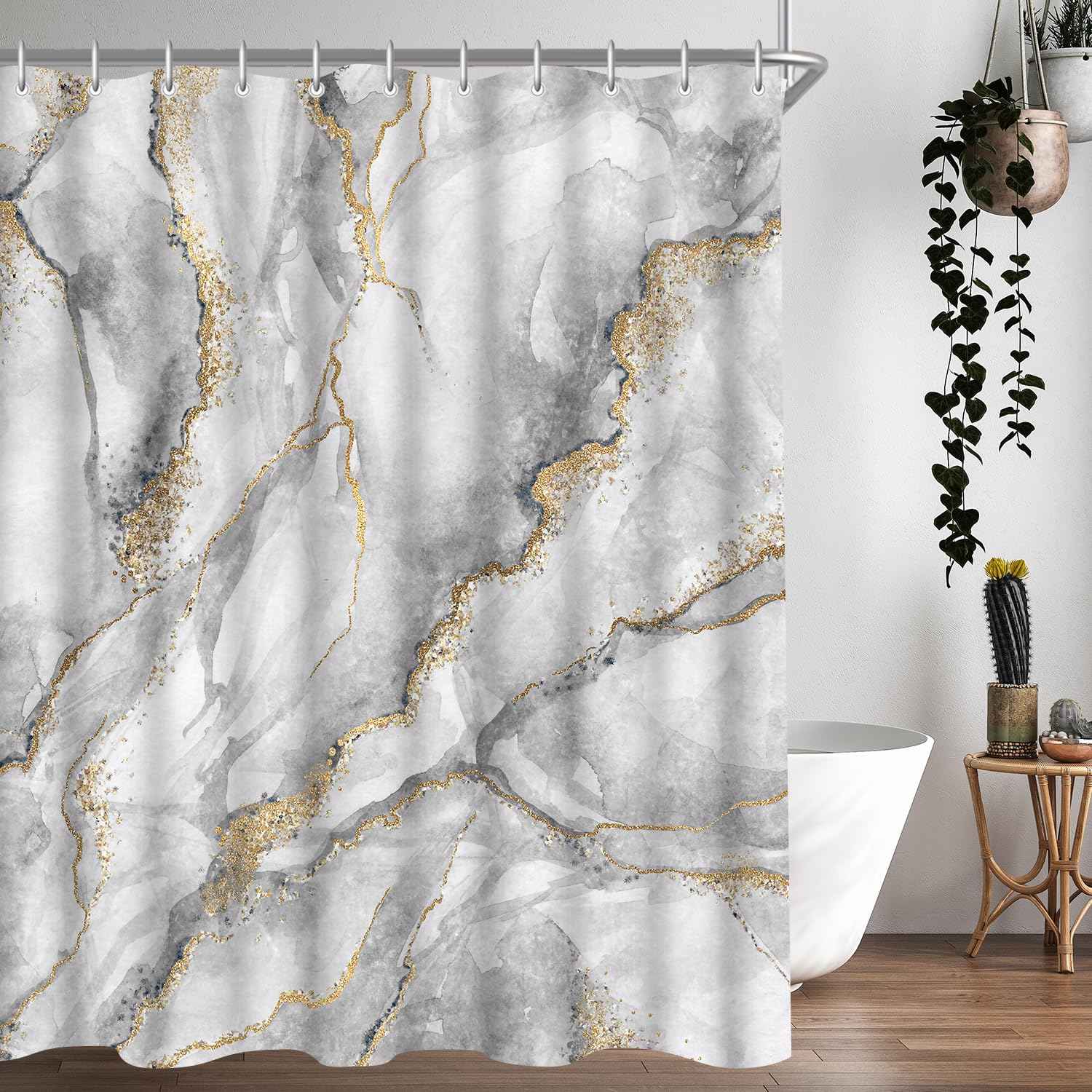 Lerores Marble Shower Curtain | 180x200cm Anti-Mould Weighted Hem Polyester