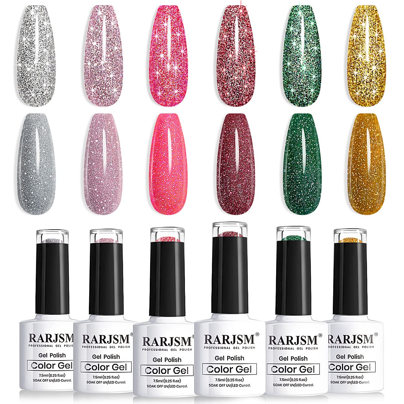 RARJSM Reflective Glitter Gel Nail Polish Set | 6 Color Disco Diamond Kit