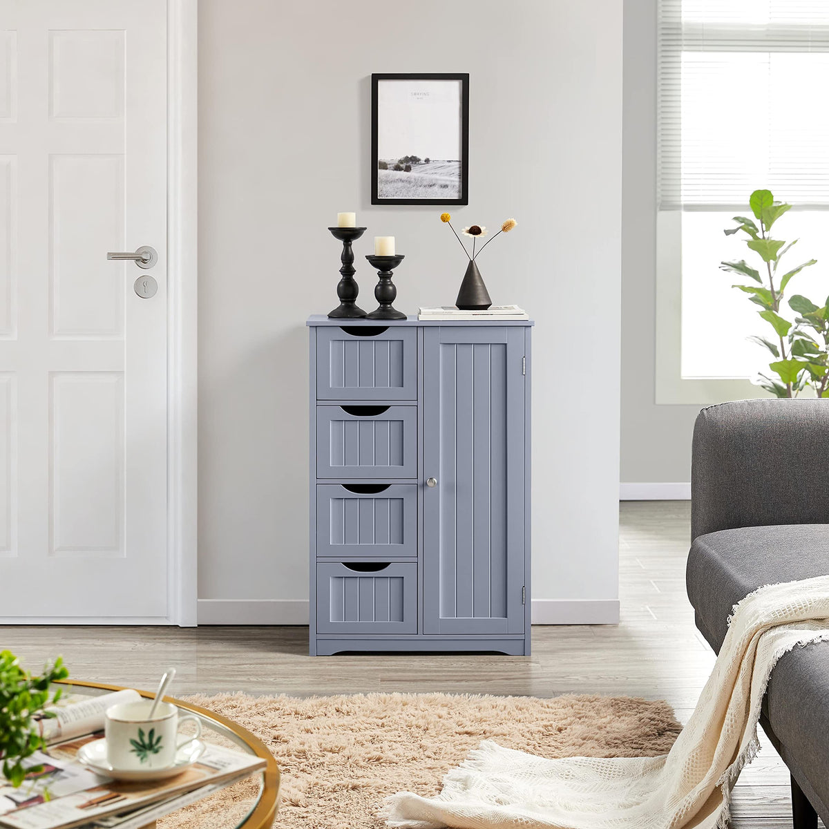 Yaheetech Bathroom Floor Cabinet, 4 Drawers & Door, Adjustable Shelf Gray - image 4