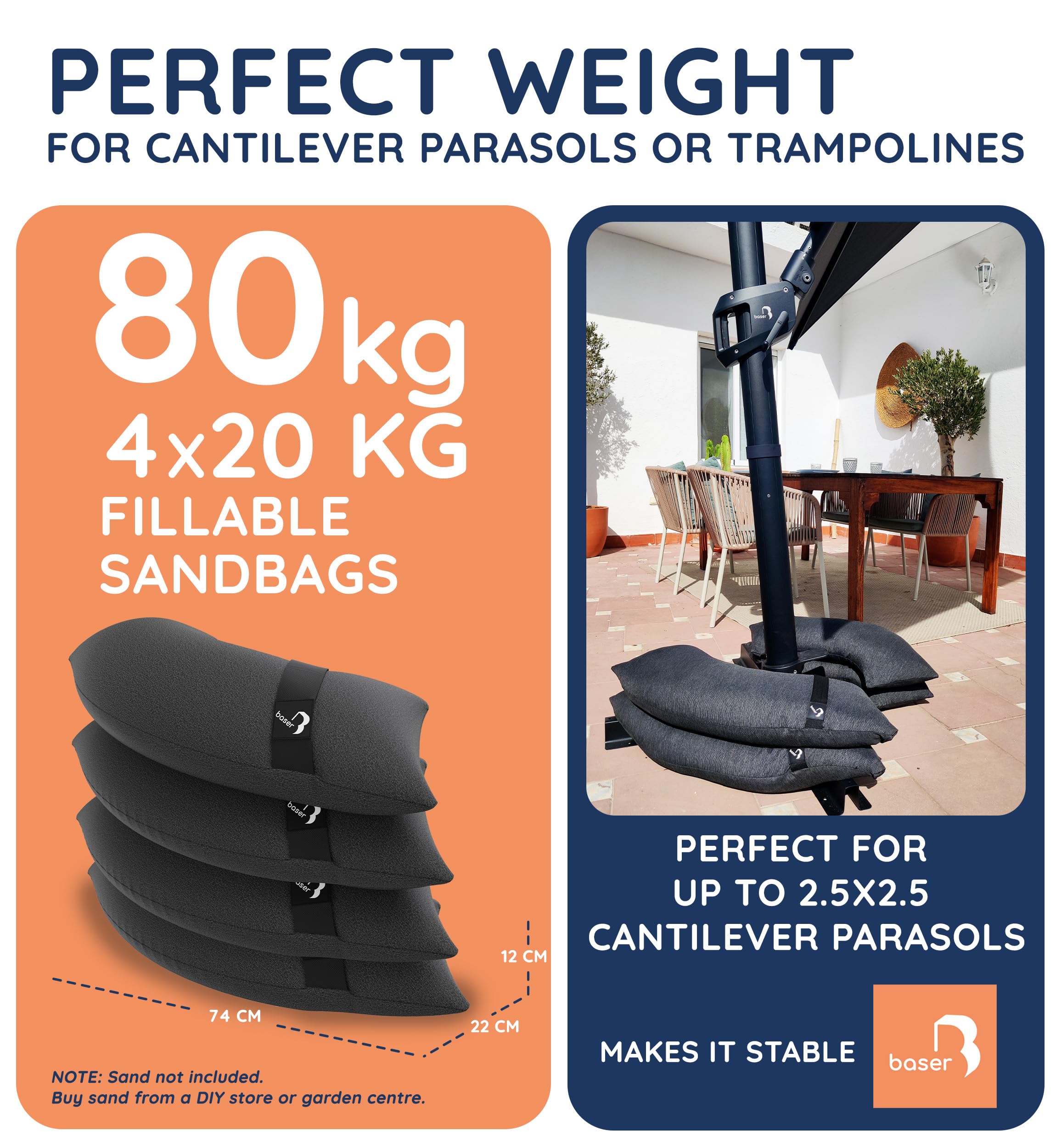 Baser Curved Sandbags | 4 x 20kg Fillable Weights for Parasols