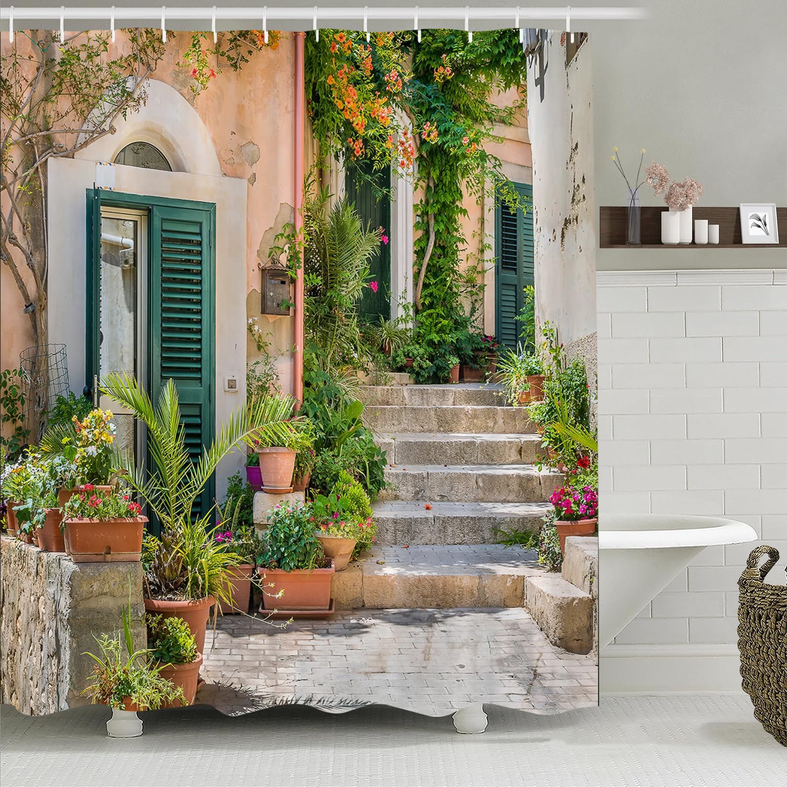Street Scenery Shower Curtain | Waterproof Floral Polyester