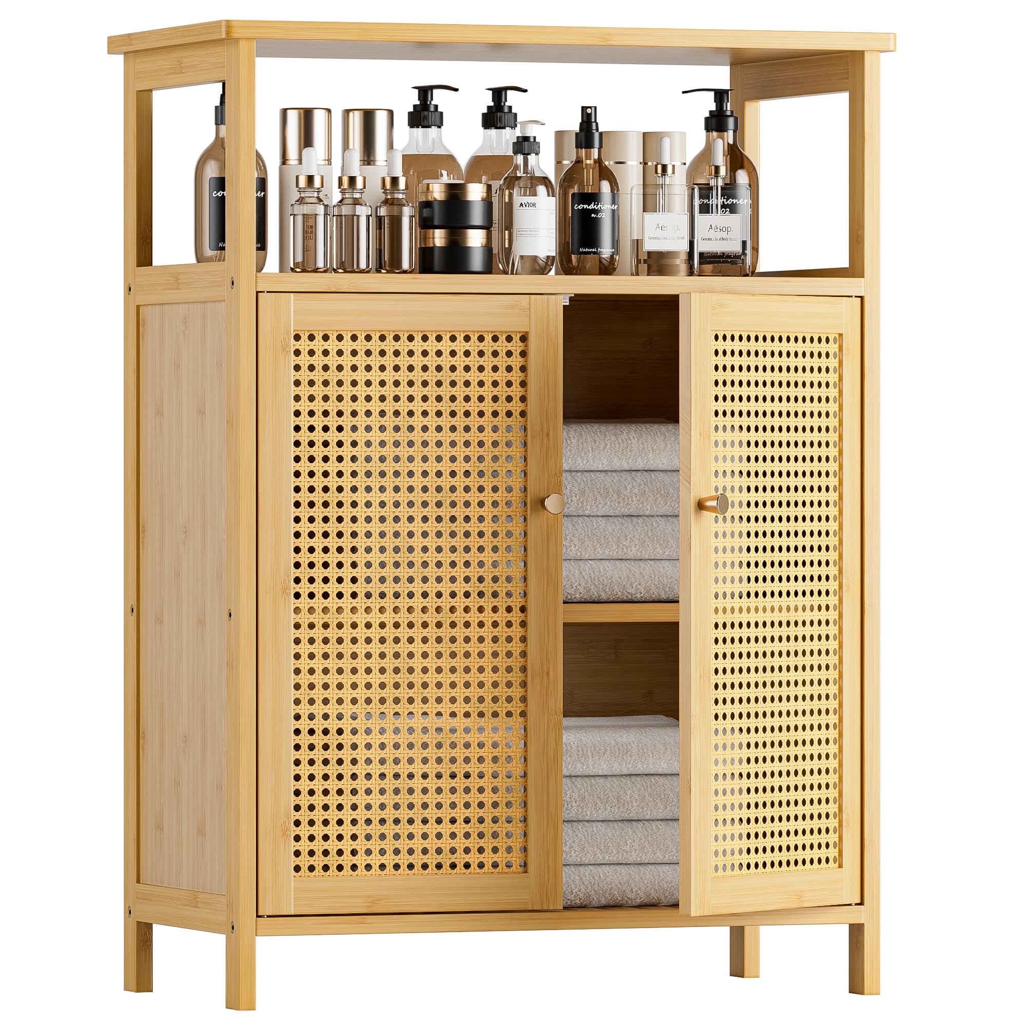 HITNET Rattan Bathroom Storage Cabinet | Bamboo Freestanding Floor Cupboard