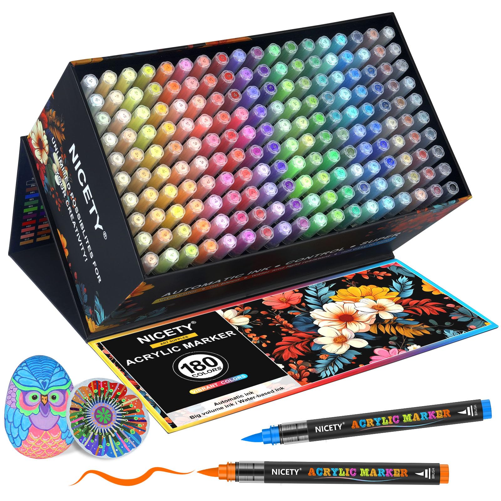 NICETY 180 Colors Acrylic Paint Pens | 1-6mm Brush Tip Markers for Rock Art