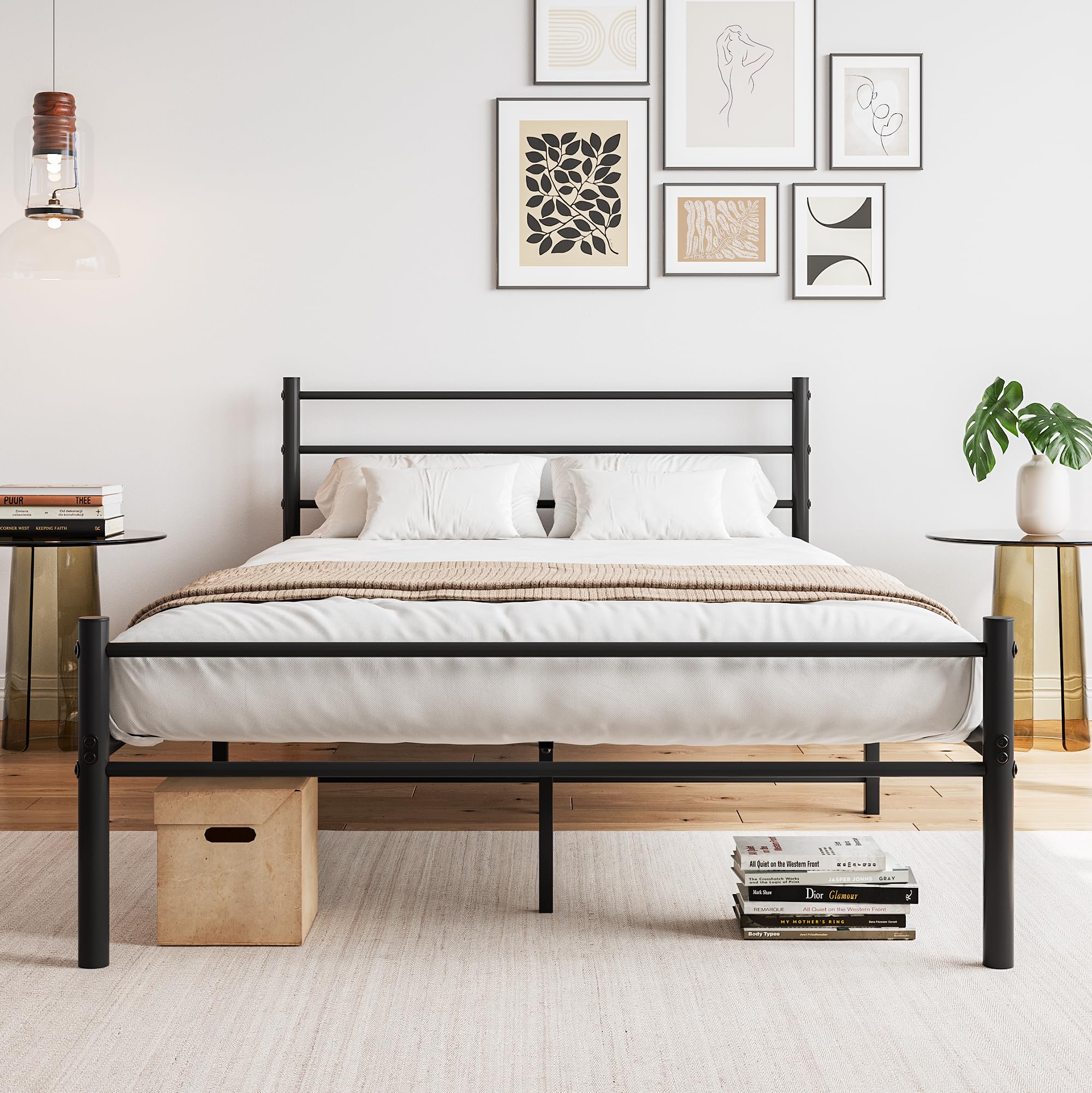 FOUBAM Modern Metal Bed Frame with Headboard, 120 x 200 cm, Black