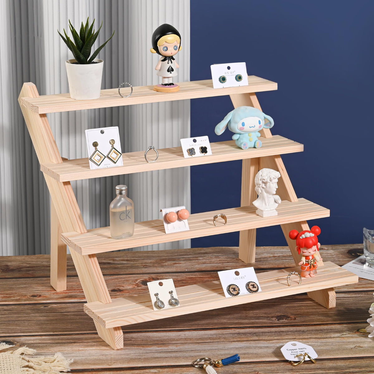 LEXFUNN Wooden Jewellery Display Rack Stand Earring Stall Stand Organizer Shelf 3/4 Tier 4 Tier