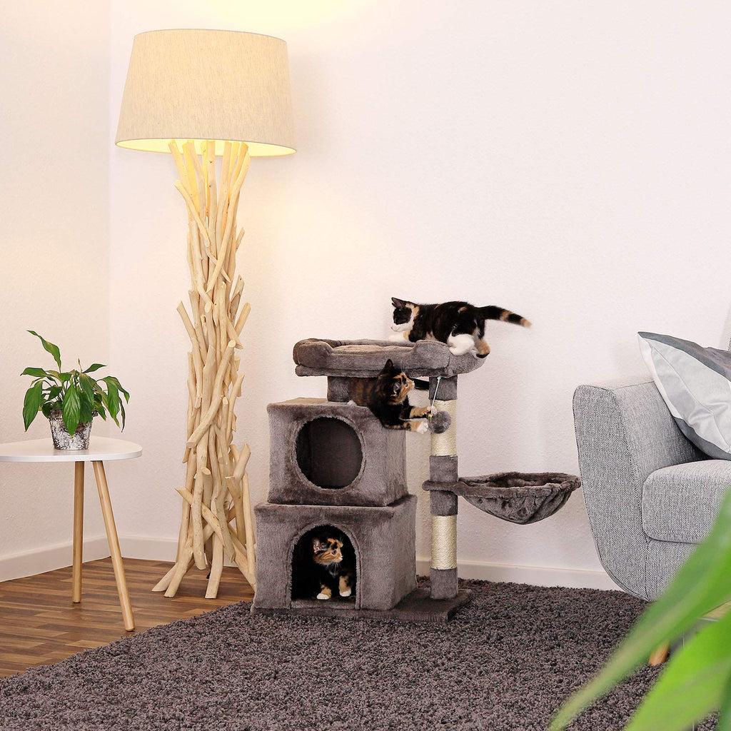 lionto Cat Scratching Post – 70cm Cat Tree with 2 Caves & Sisal, Dark Grey