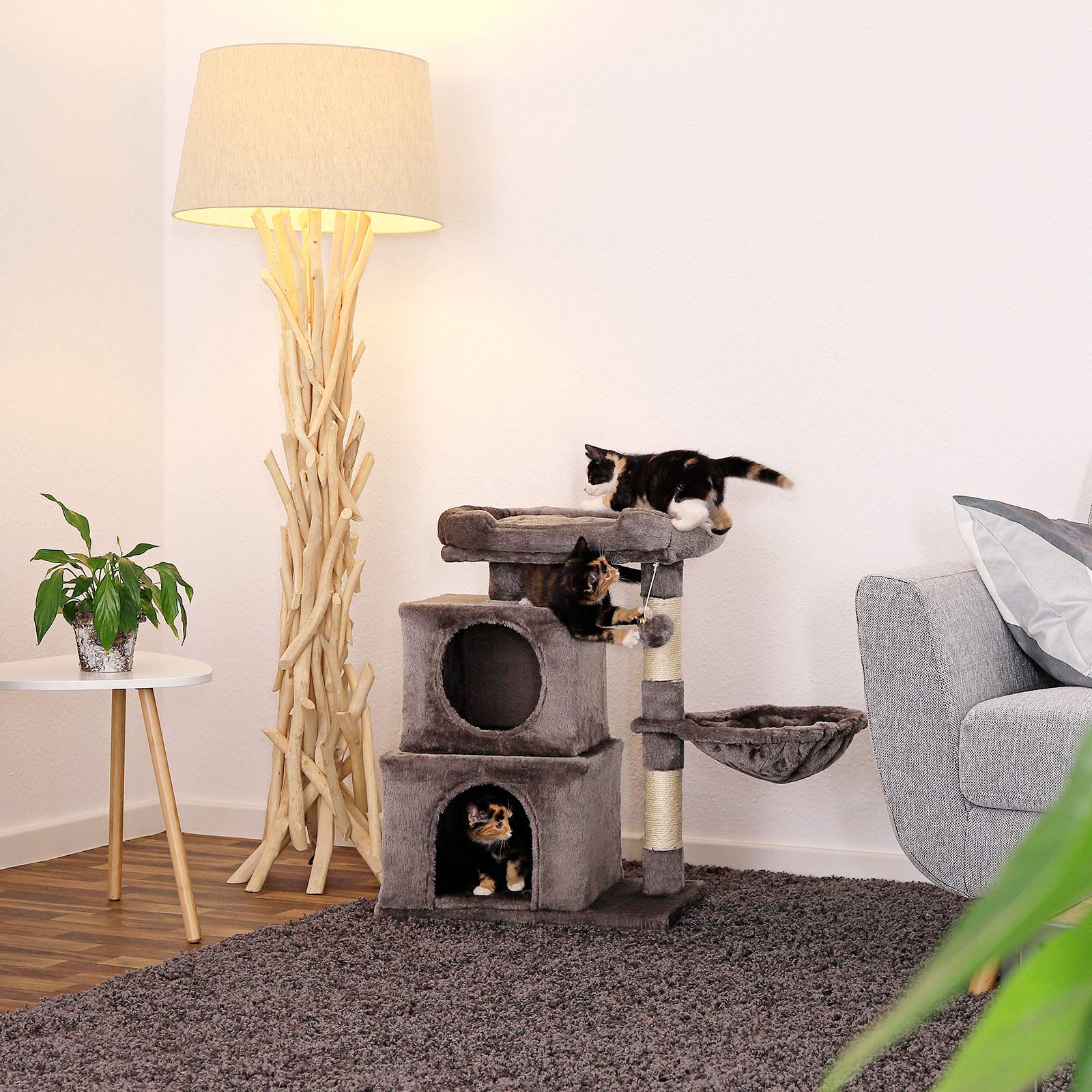 lionto Cat Scratching Post – 70cm Cat Tree with 2 Caves & Sisal, Dark Grey
