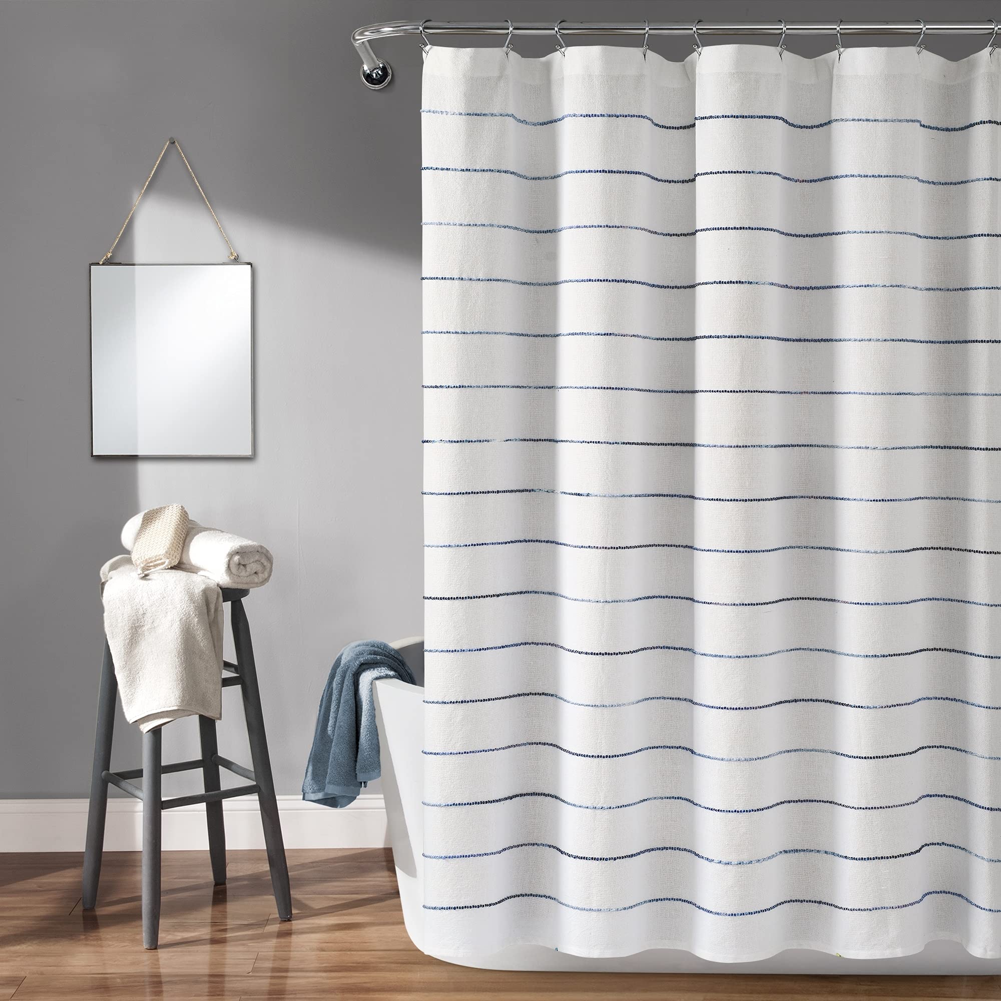 Lush Decor Ombre Stripe Cotton Shower Curtain - Tufted Boho Navy, 72x72