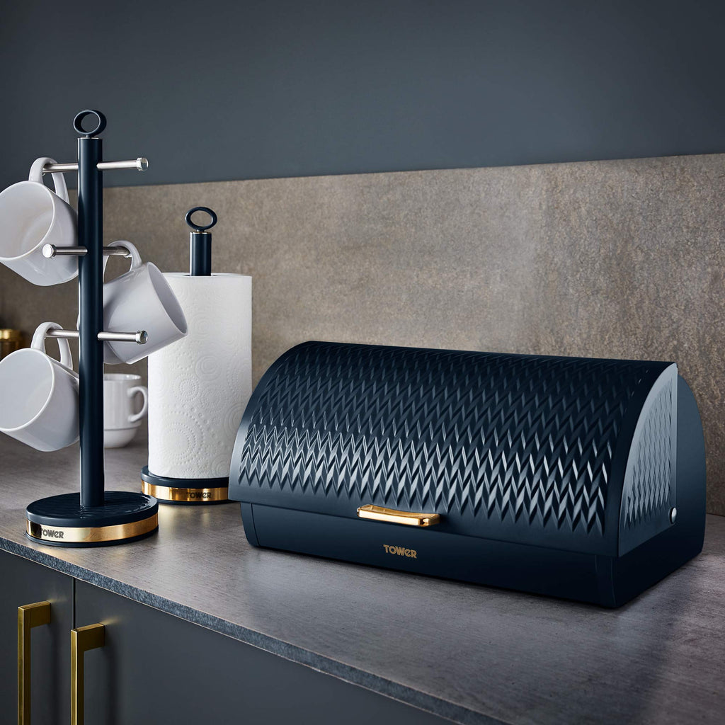 Tower Empire Roll Top Bread Bin – Art Deco Stainless Steel, Midnight Blue